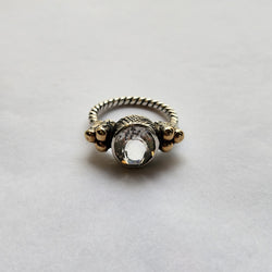"Luciana" Plaited Silver Ring with Centre rock crystal and 9ct gold clusters.