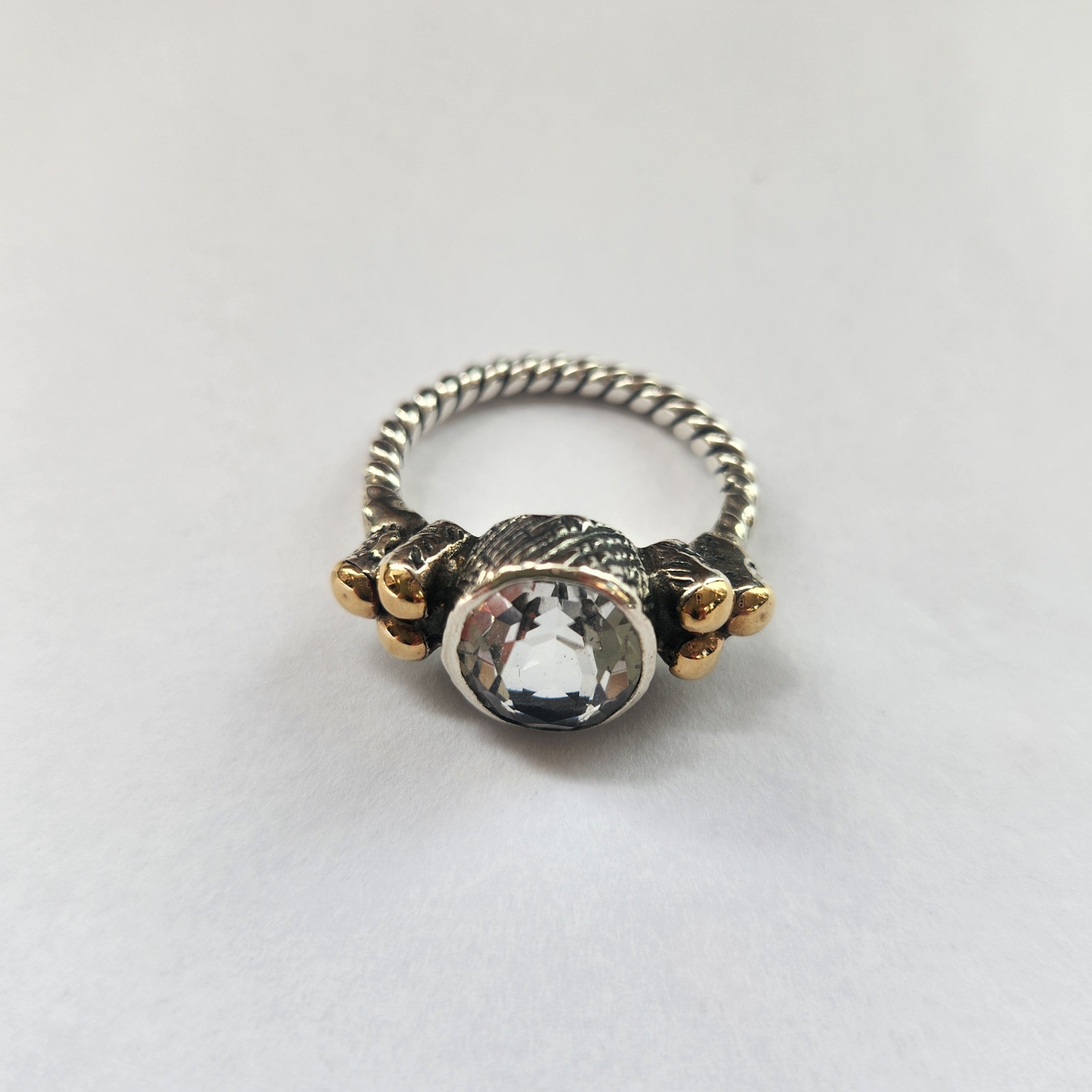 "Luciana" Plaited Silver Ring with Centre rock crystal and 9ct gold clusters.