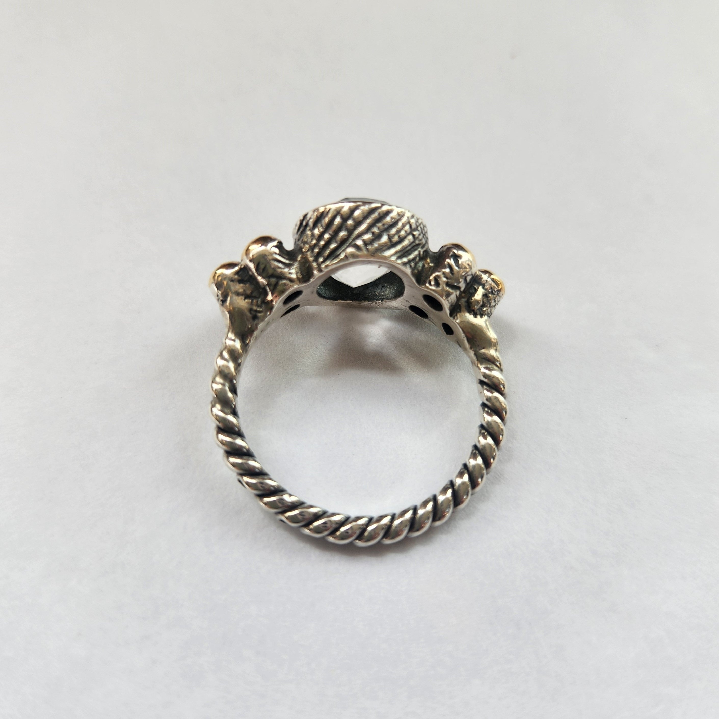 "Luciana" Plaited Silver Ring with Centre rock crystal and 9ct gold clusters.