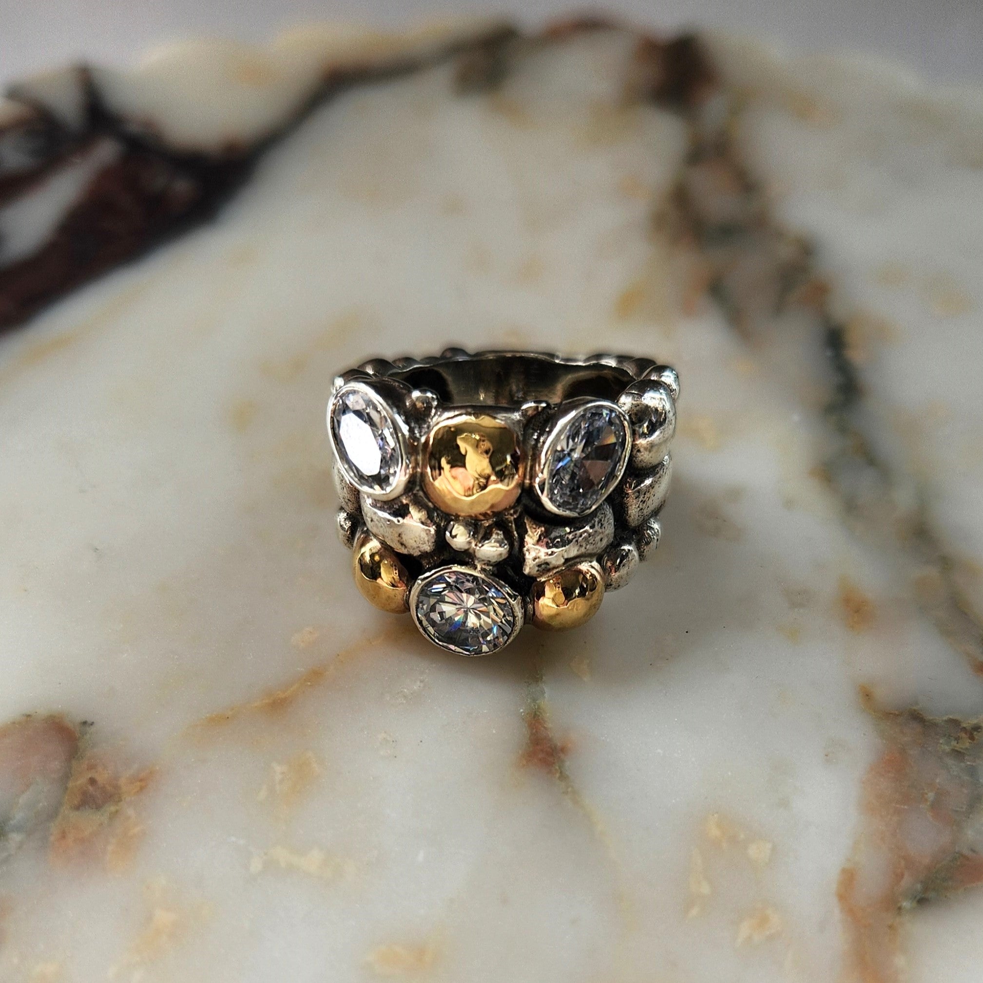 "Pia" Granite Ring with 9ct Gold Sterling Silver and Zirconia