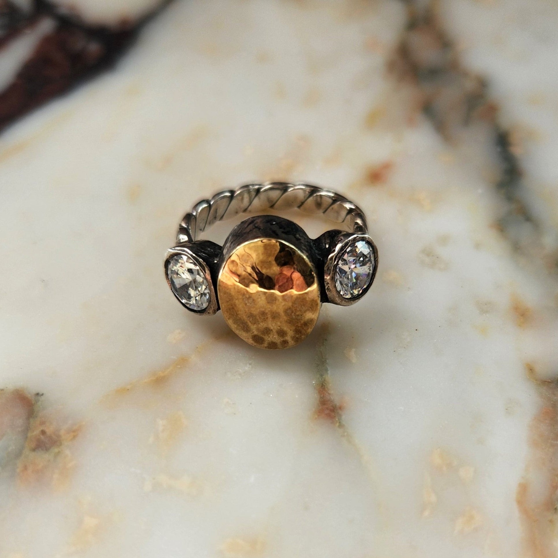 "Soleil" Sterling Silver Plaited Band with Textured Gold Centre and Zirconia Flanks.