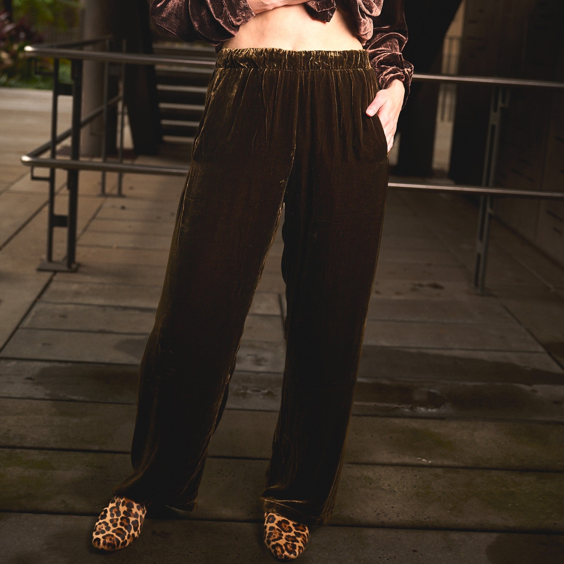 chocolate olive silk velvet pants
