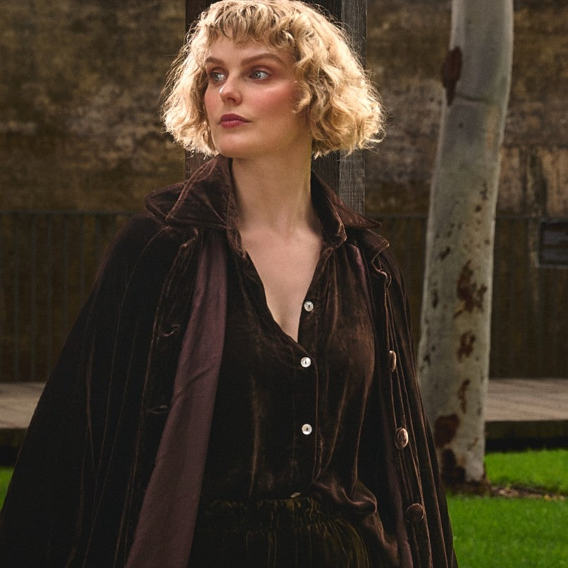 chocolate brown silk velvet shirt om model