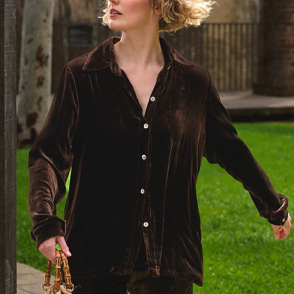 chocolate brown silk velvet shirt om model