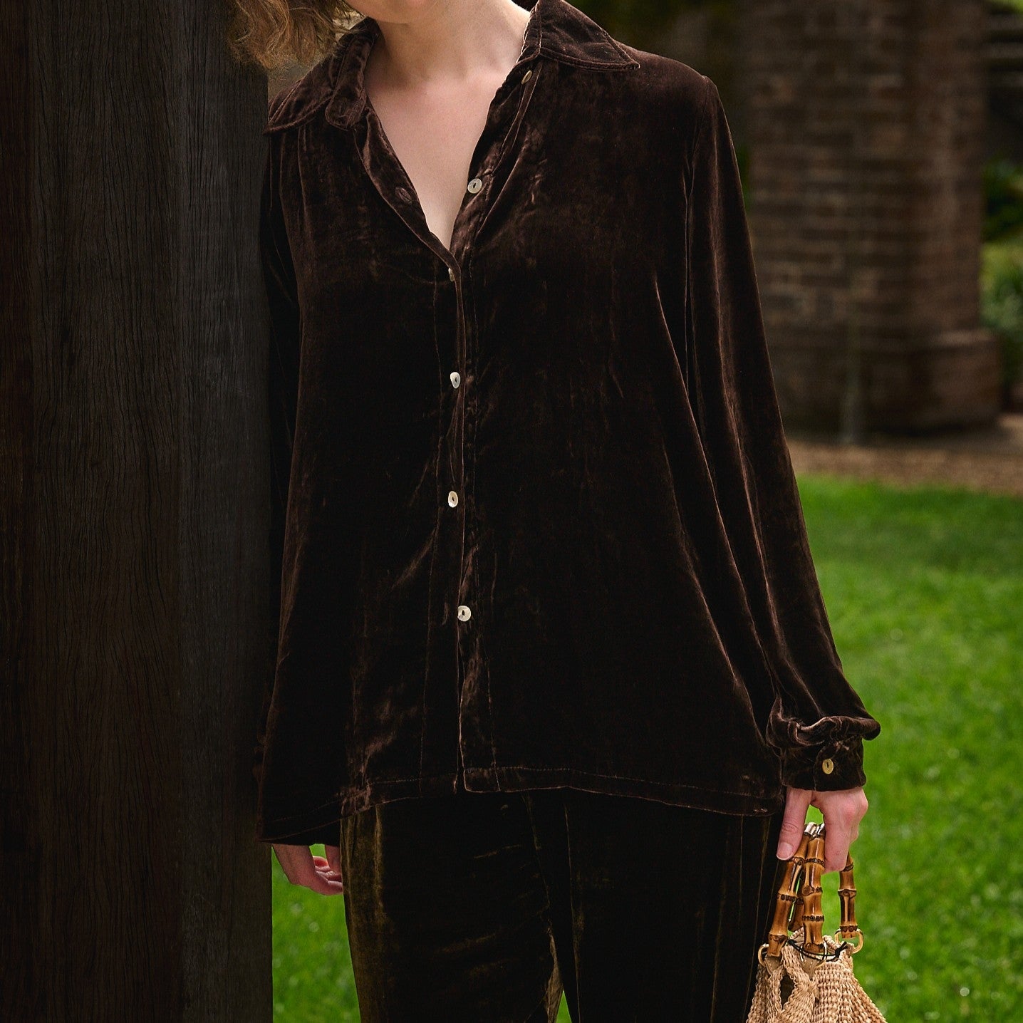 chocolate brown silk velvet shirt om model