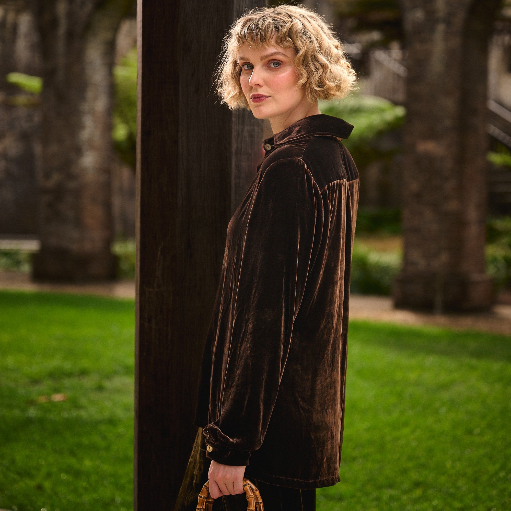 chocolate brown silk velvet shirt om model