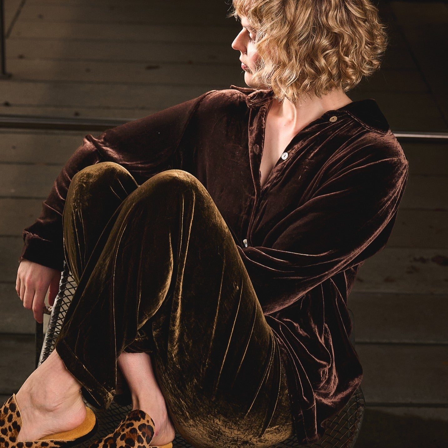 chocolate brown silk velvet shirt om model