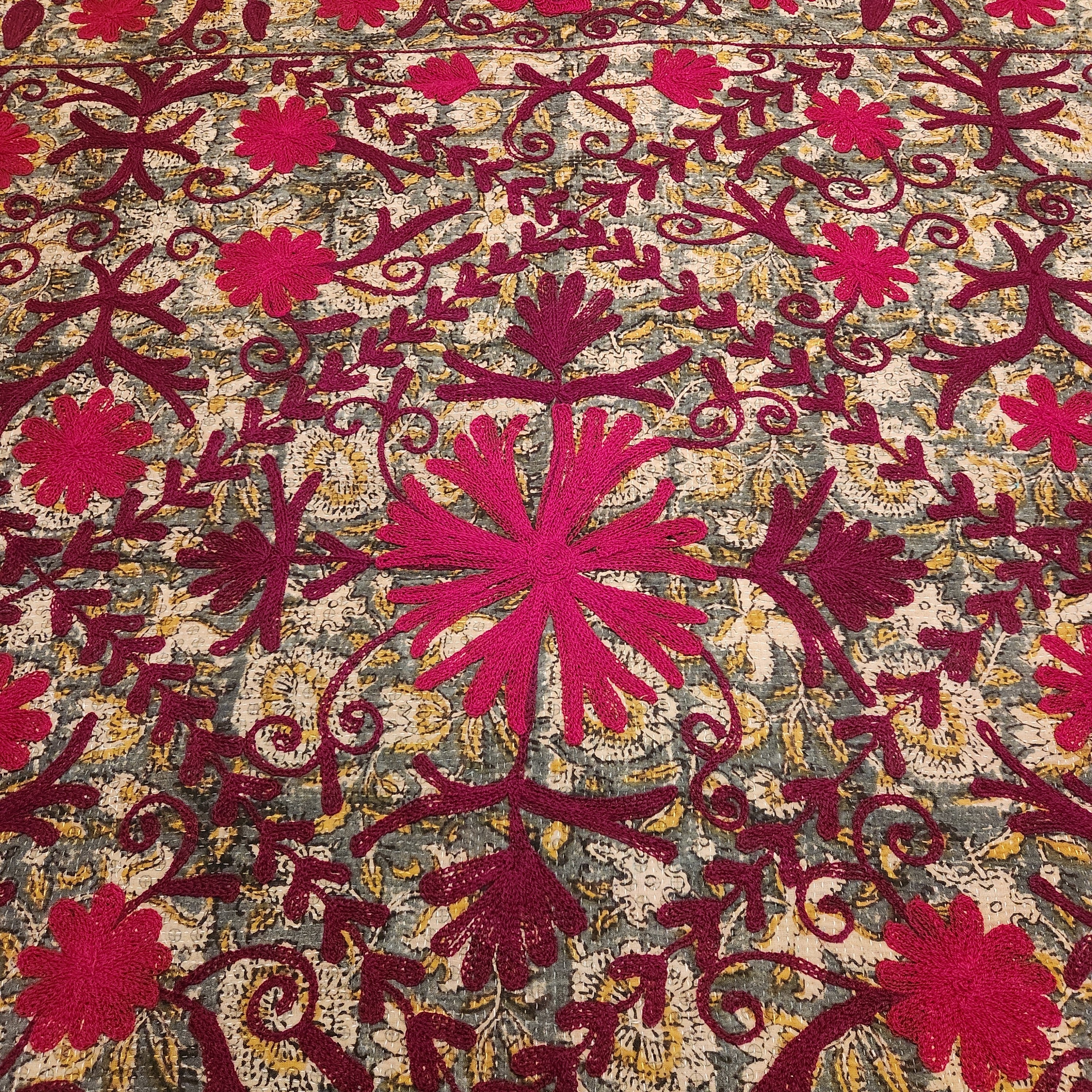 Vintage Suzani Kantha Throw - Red, Burgundy on Mid Blue