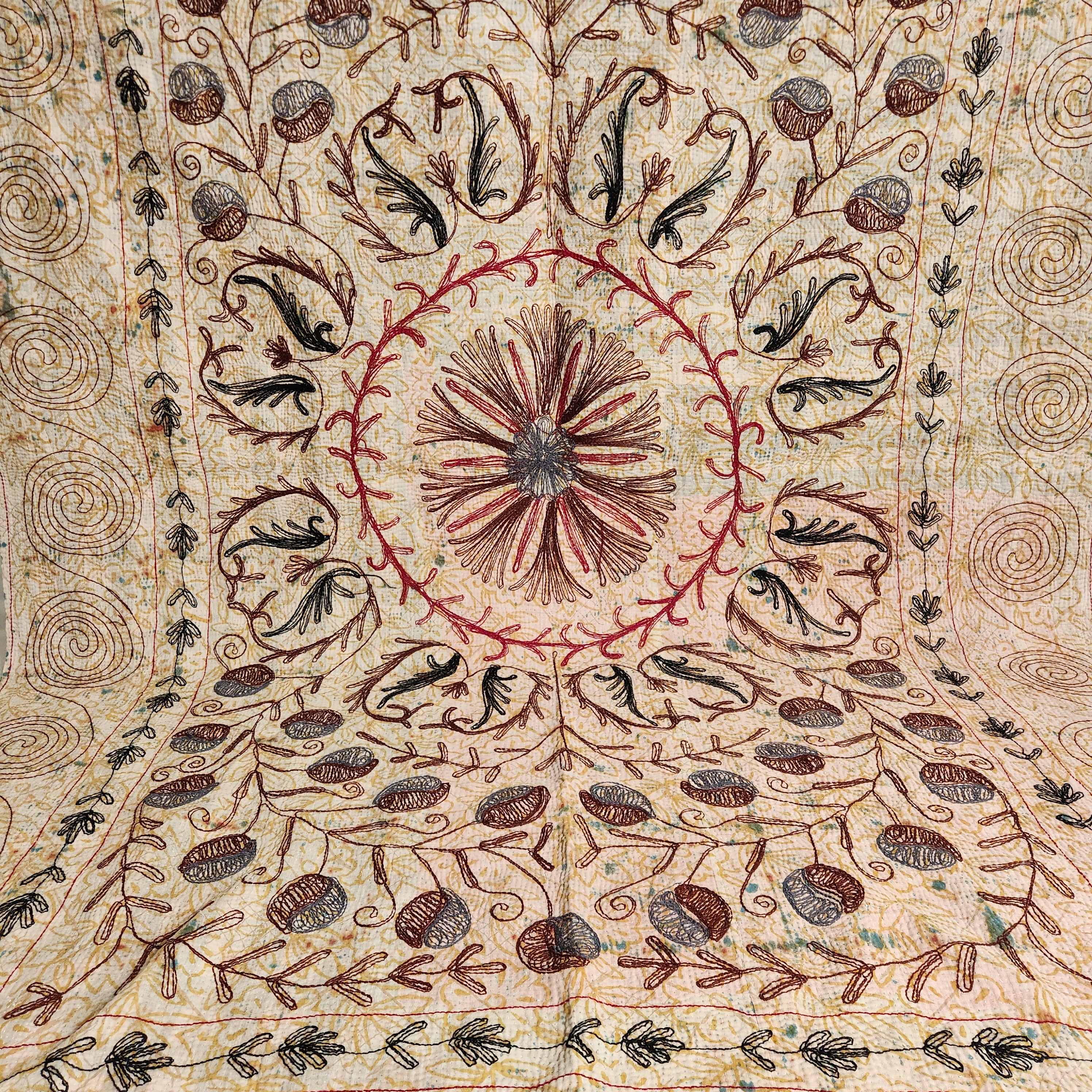 Vintage Suzani Kantha Throw - Green, Blue, Brown, Red, Black.