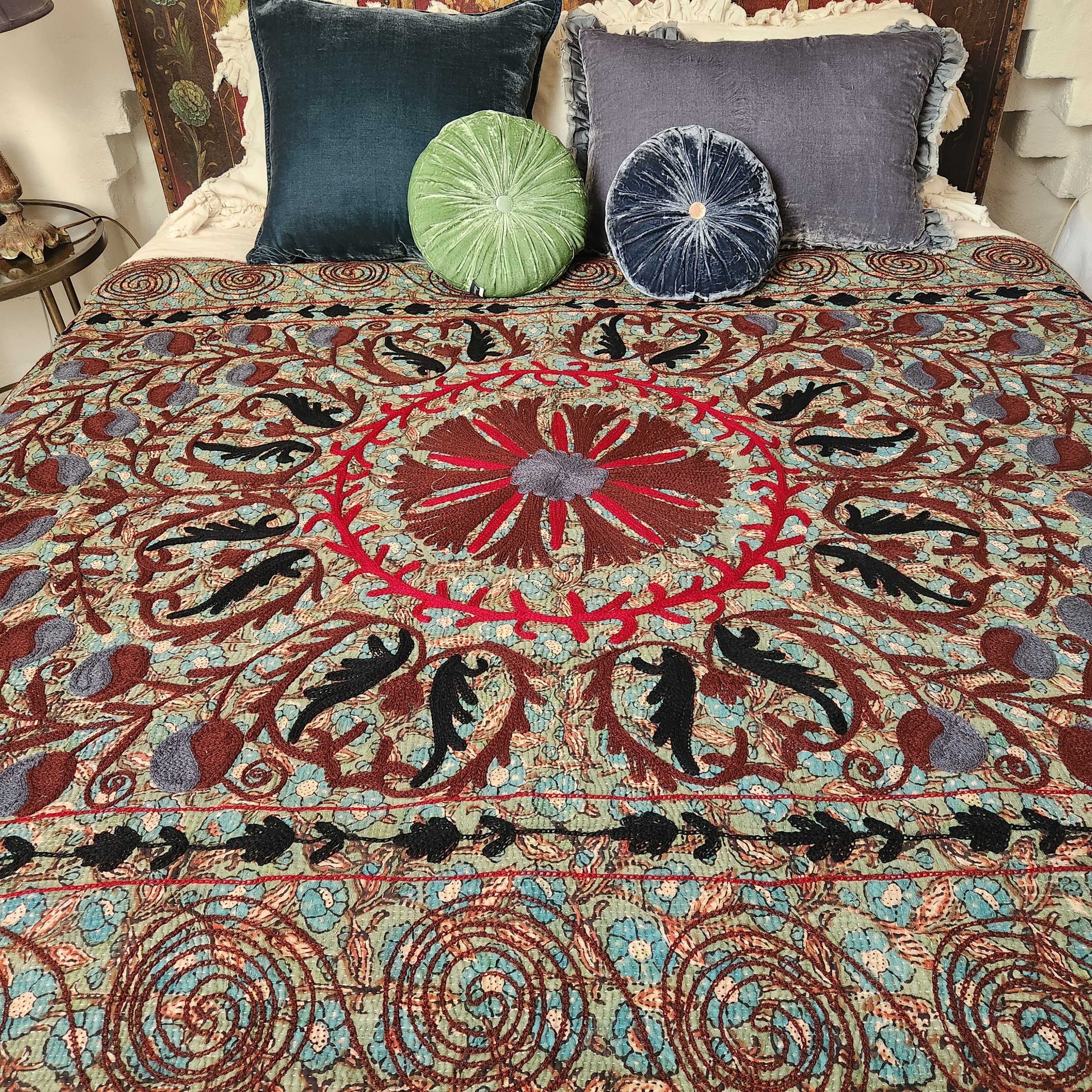 Vintage Suzani Kantha Throw - Green, Blue, Brown, Red, Black.