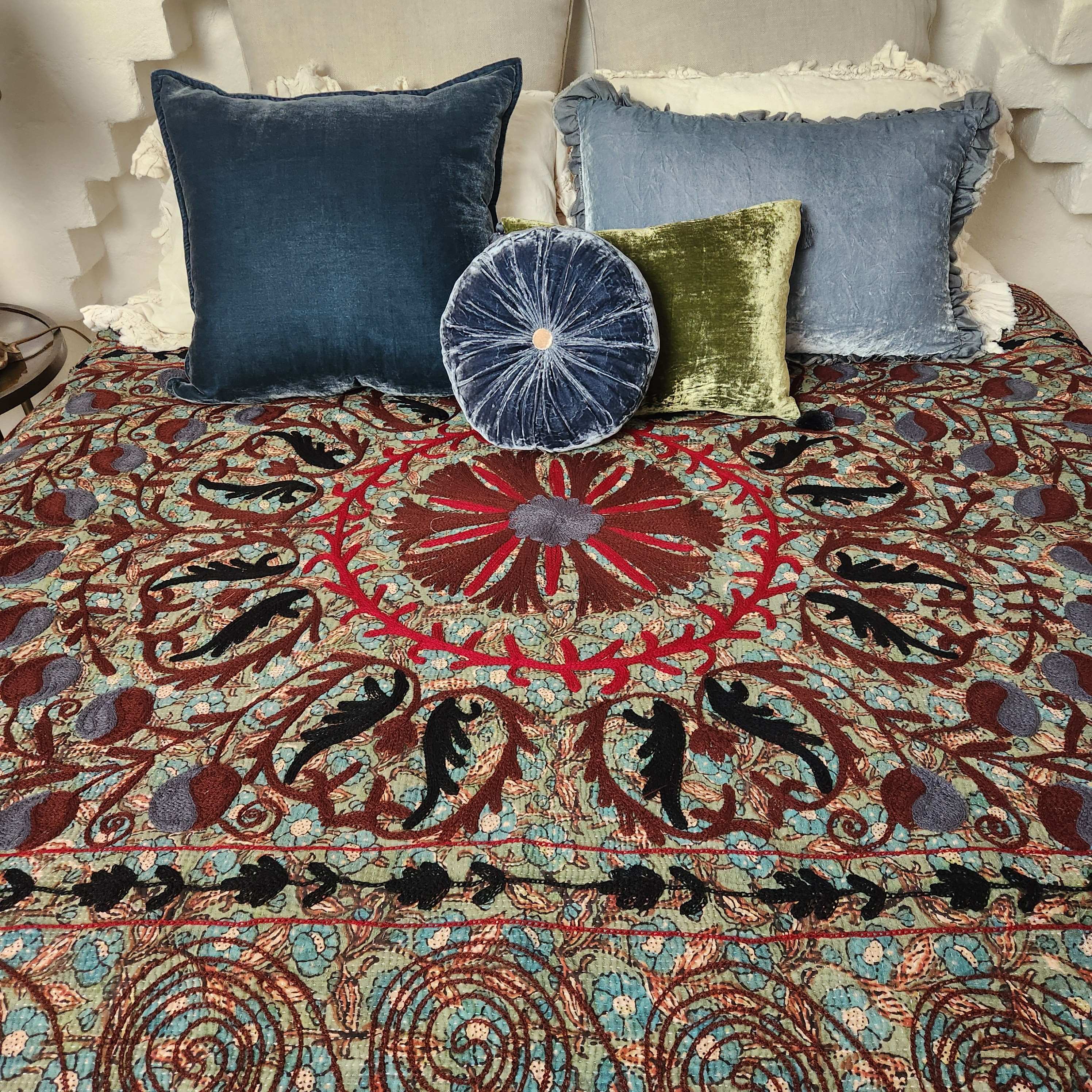 Vintage Suzani Kantha Throw - Green, Blue, Brown, Red, Black.