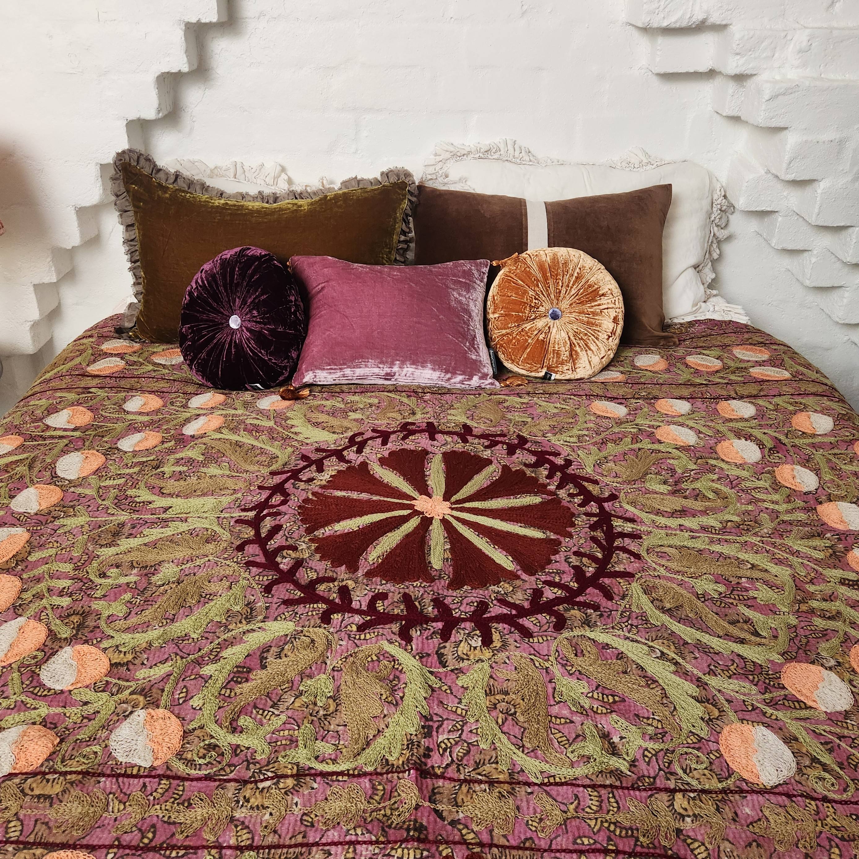 Vintage Suzani Kantha Throw - Purple, Green, Coral, Rust