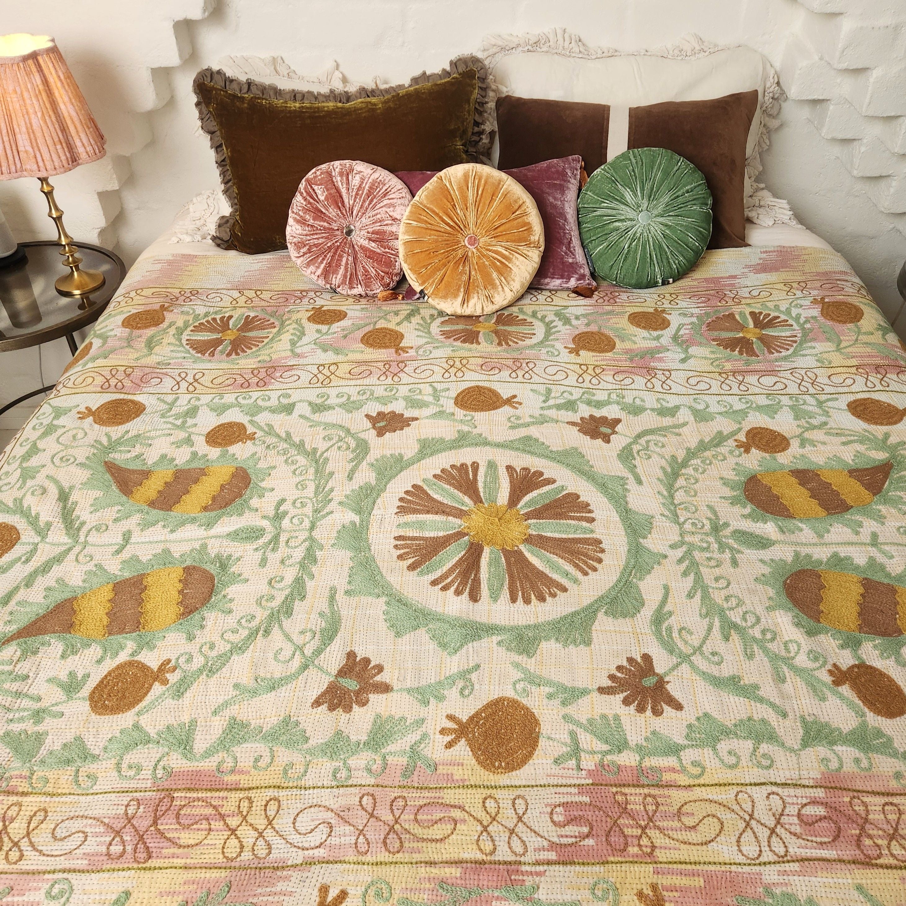 Vintage Suzani Kantha Throw - Pink, Yellow, Coffee