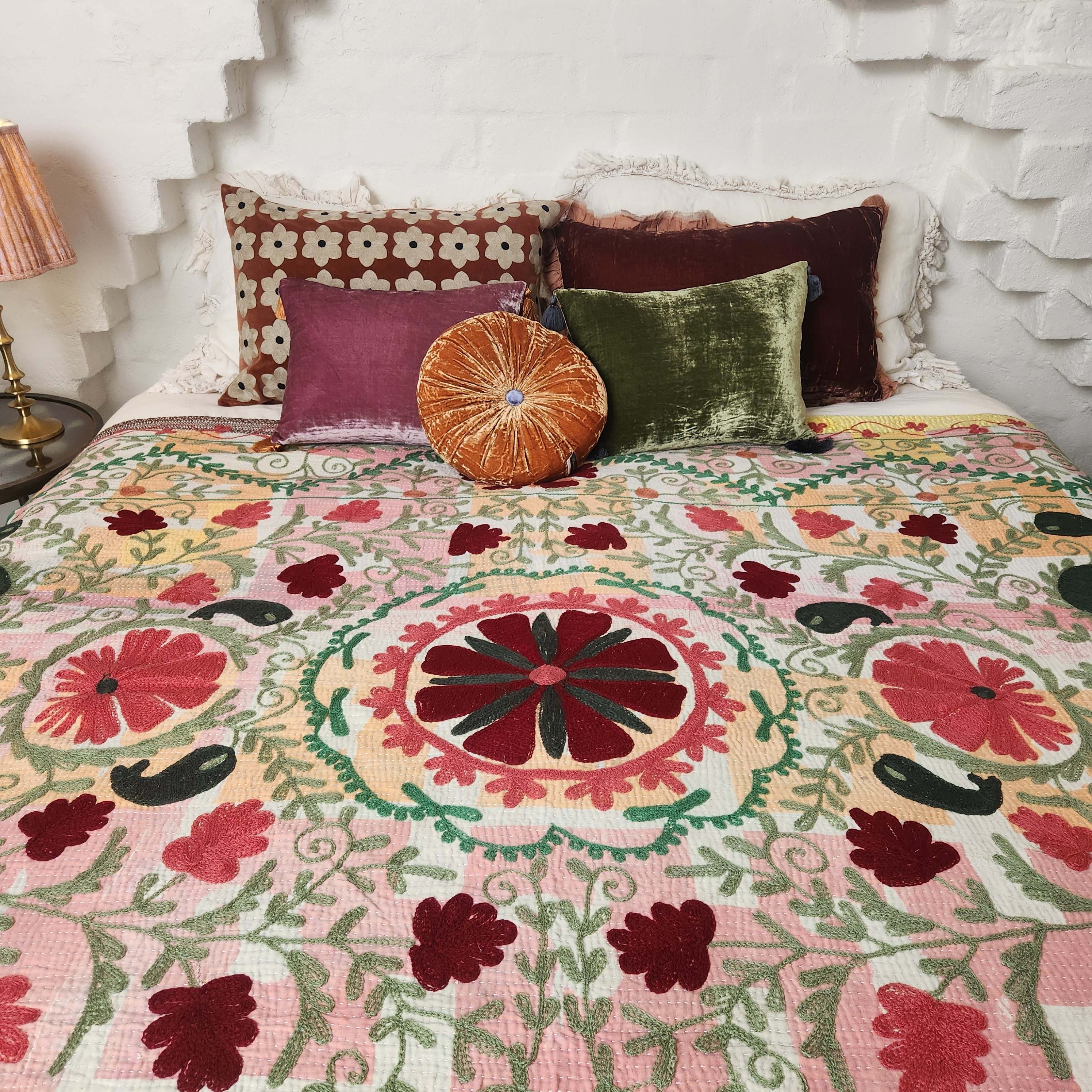 Vintage Suzani Kantha Throw - Strawberry, Green, Mandarin, Cream