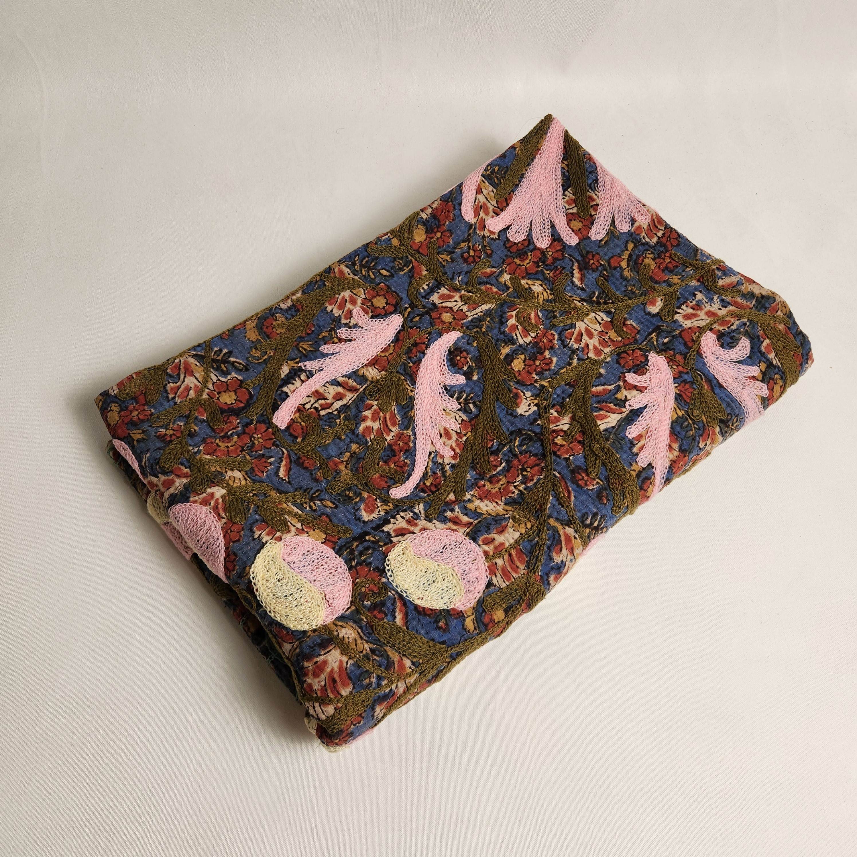 Vintage Suzani Kantha Throw - Pink, Blue and Olive