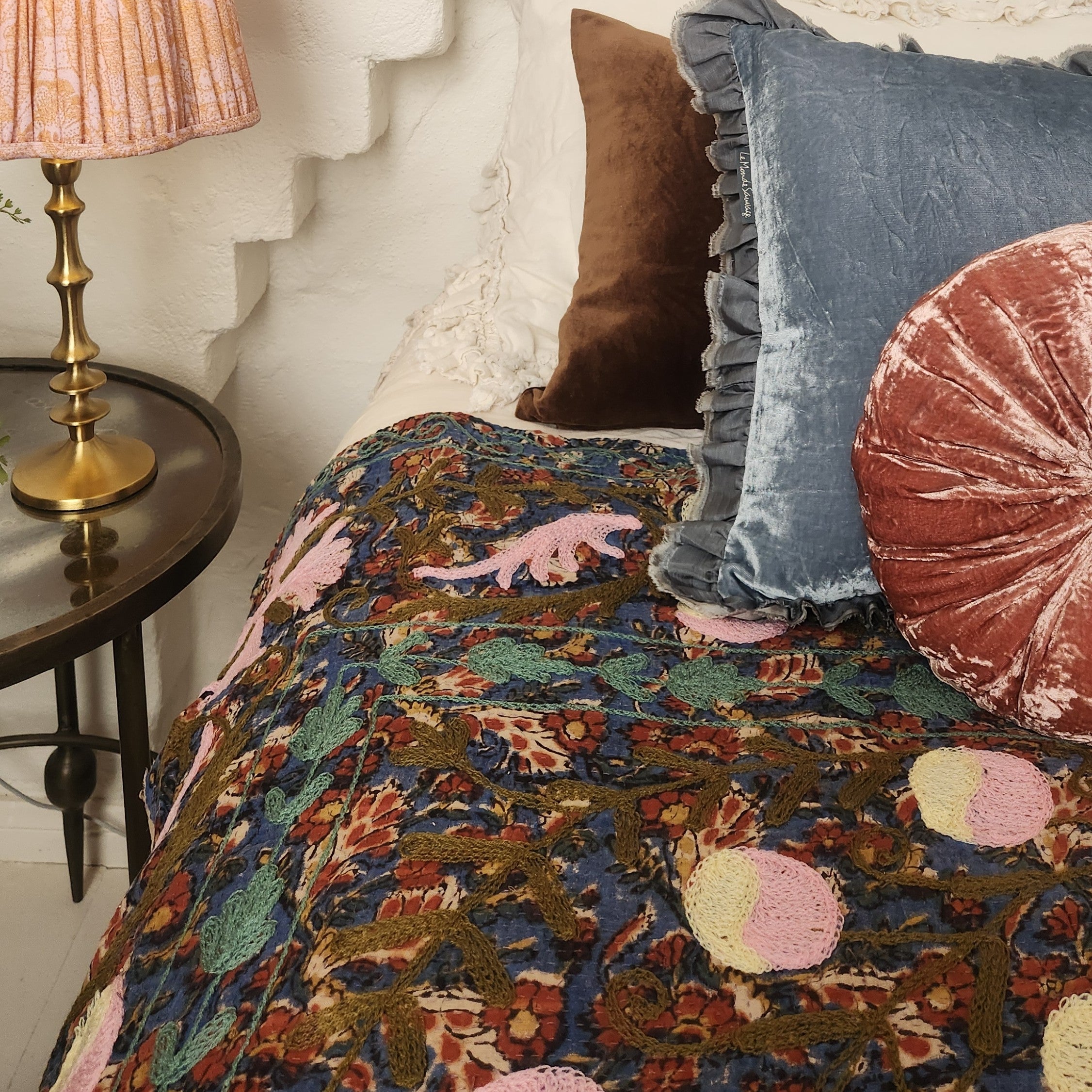 Vintage Suzani Kantha Throw - Pink, Blue and Olive