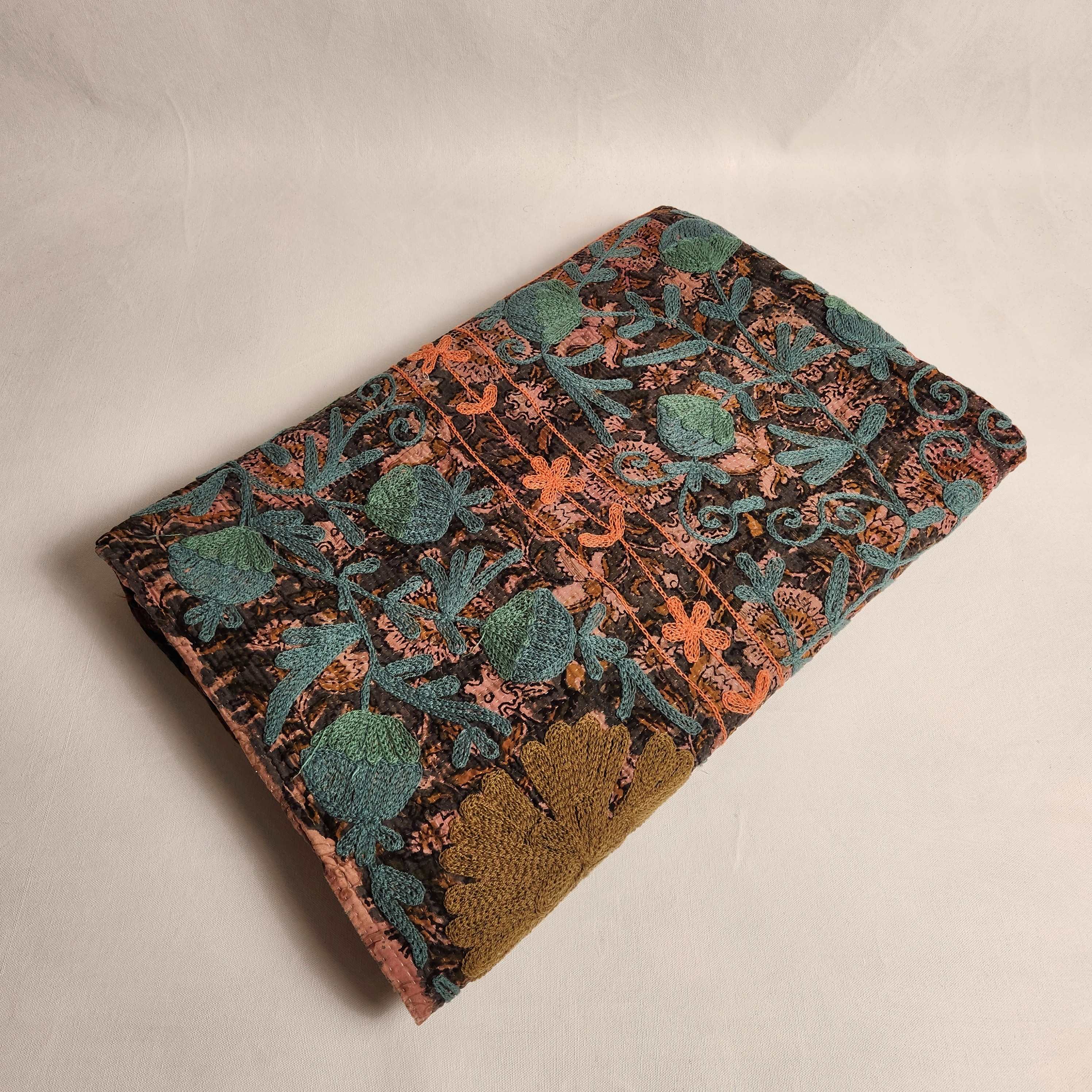 Vintage Suzani Kantha Throw - Dusty Blue , Orange and Olive