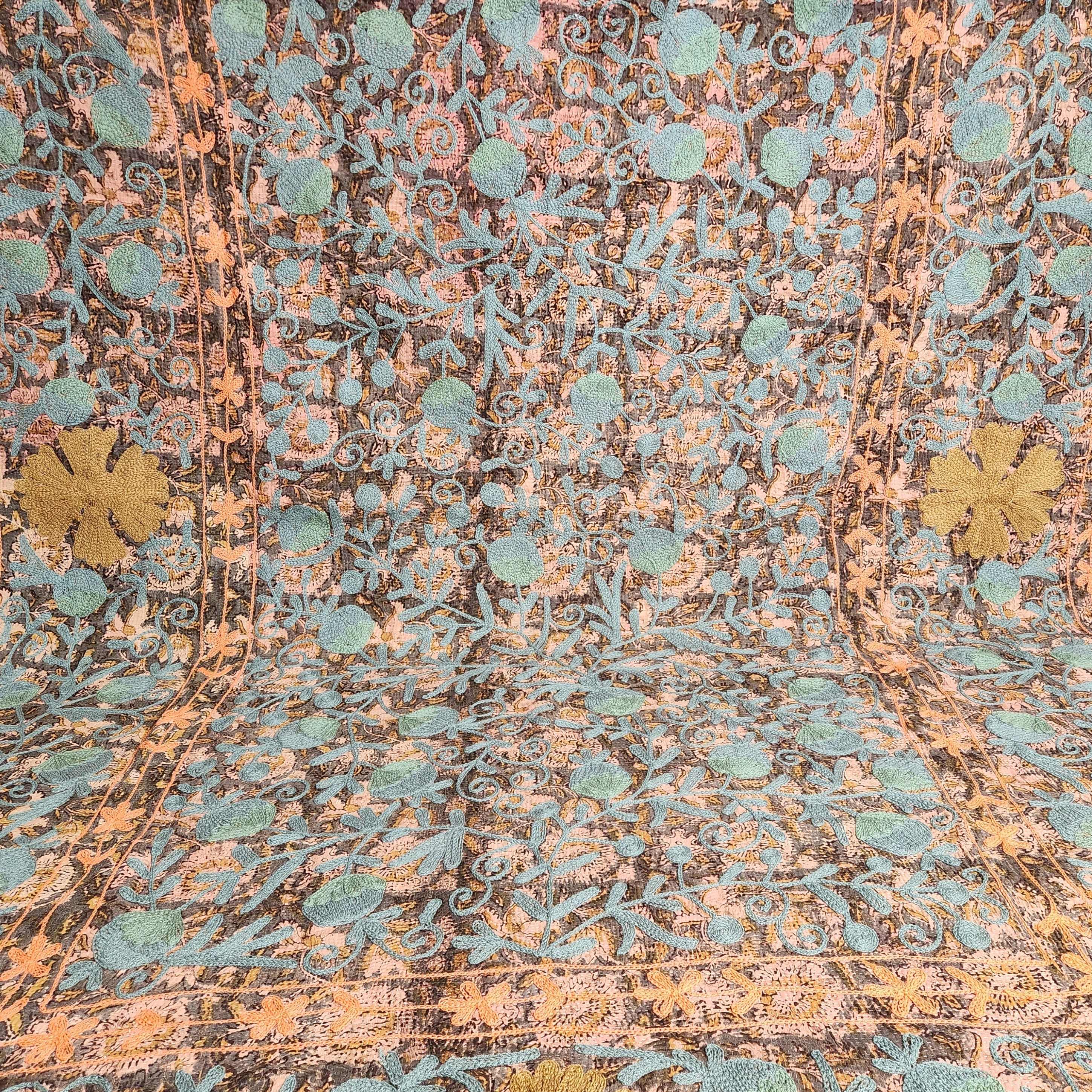 Vintage Suzani Kantha Throw - Dusty Blue , Orange and Olive