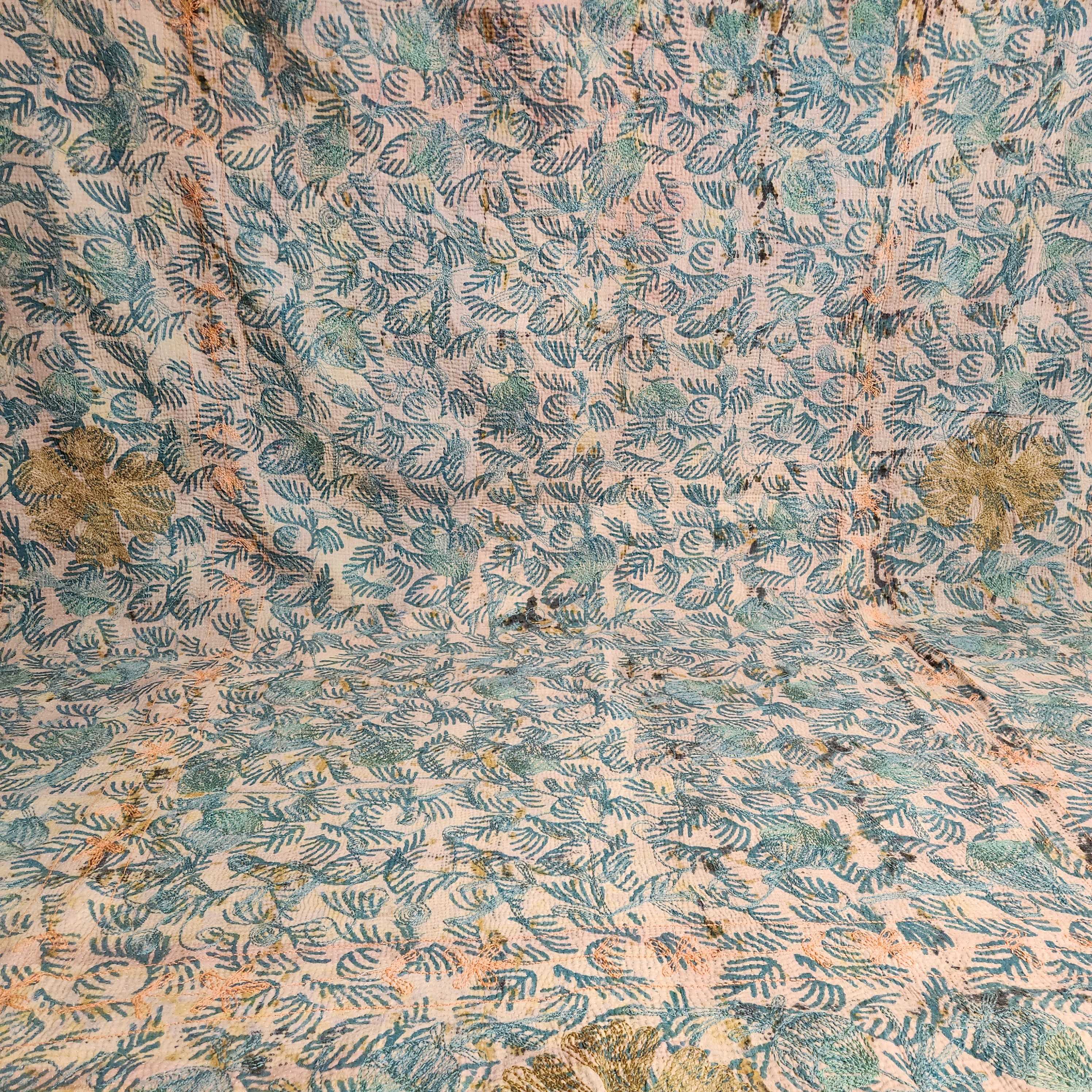 Vintage Suzani Kantha Throw - Dusty Blue , Orange and Olive