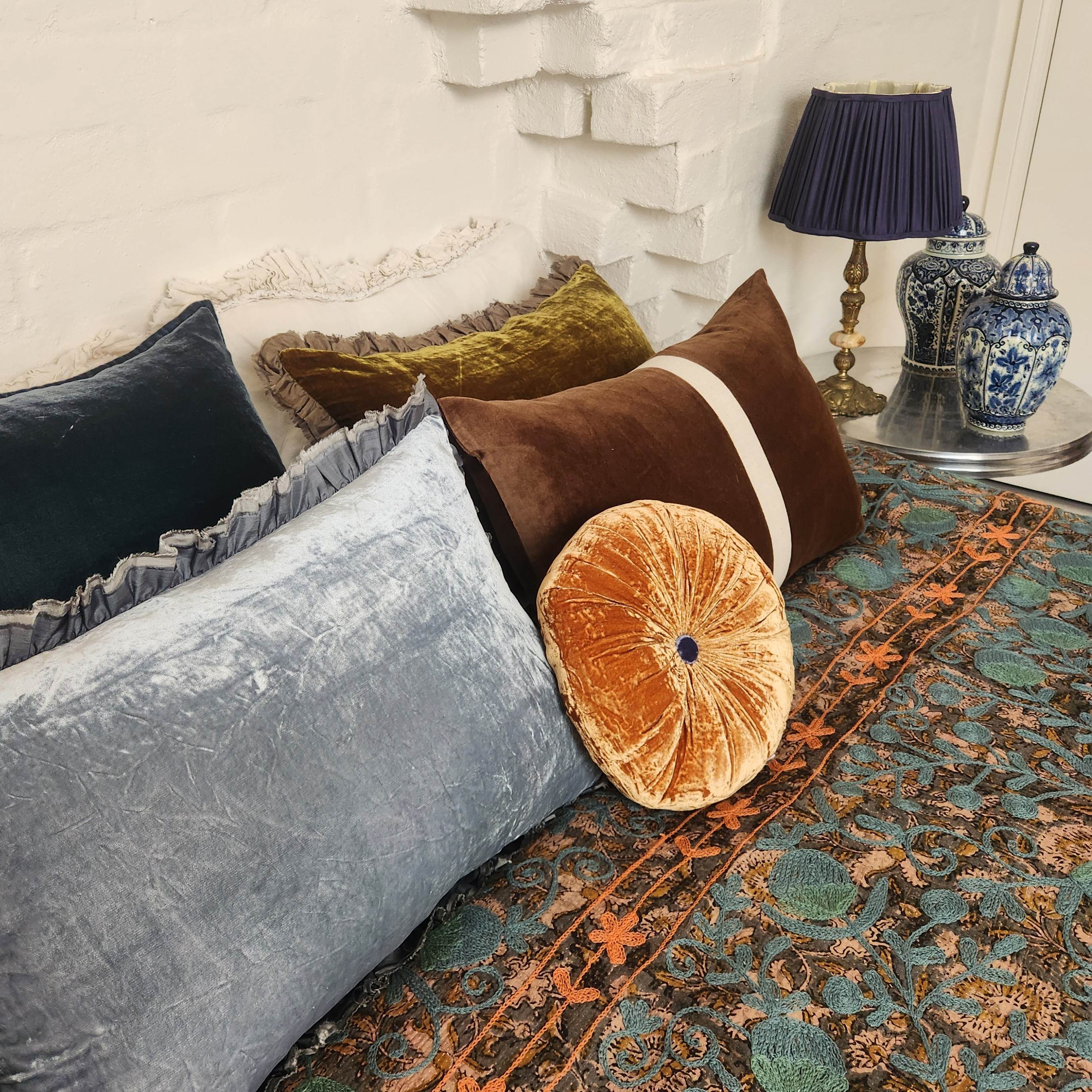 Vintage Suzani Kantha Throw - Dusty Blue , Orange and Olive