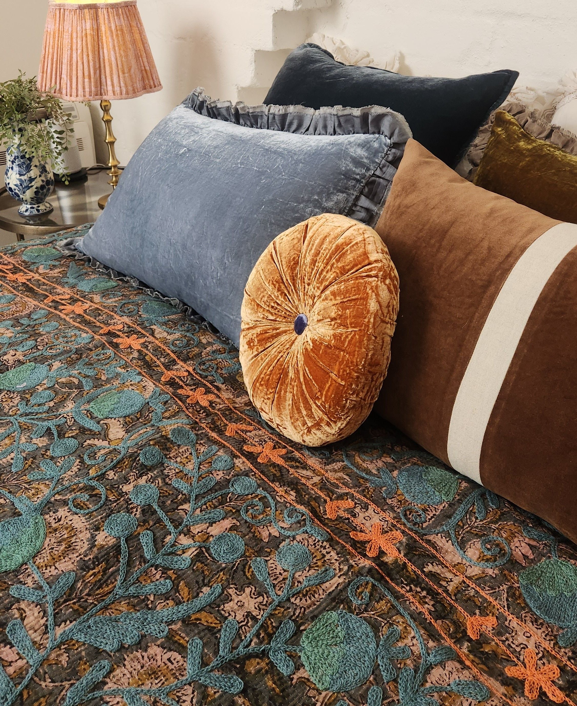 Vintage Suzani Kantha Throw - Dusty Blue , Orange and Olive