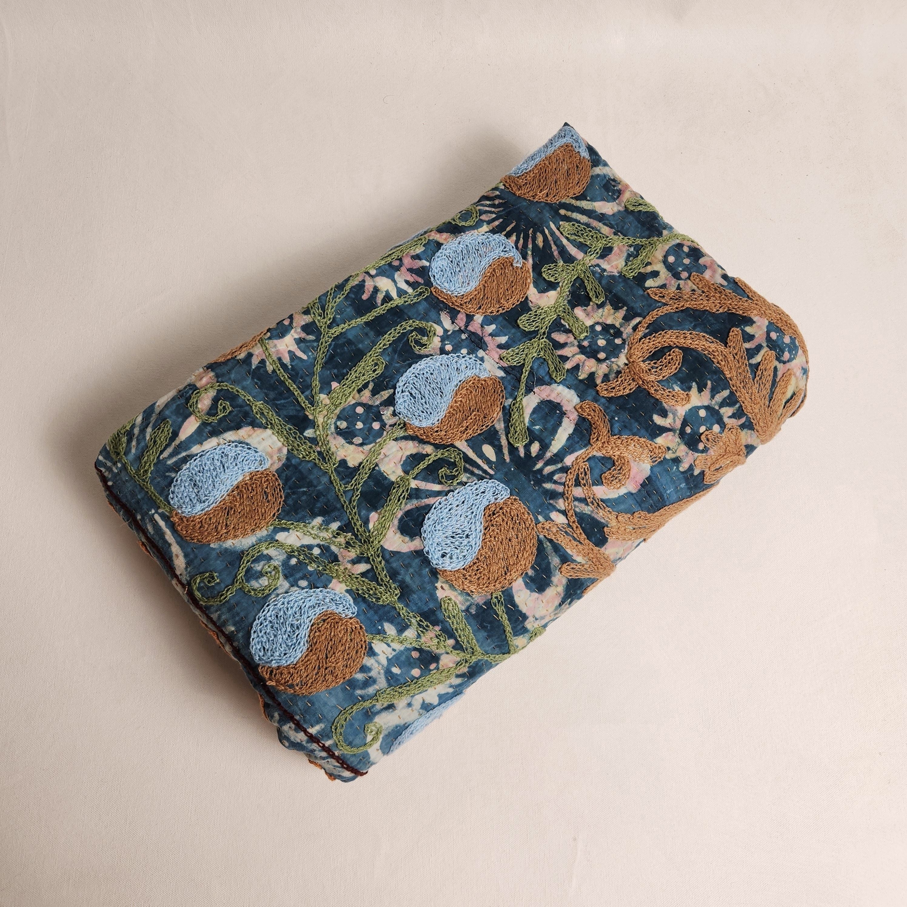 Vintage Suzani Kantha Throw - Blue, Burgundy, Green, Tan