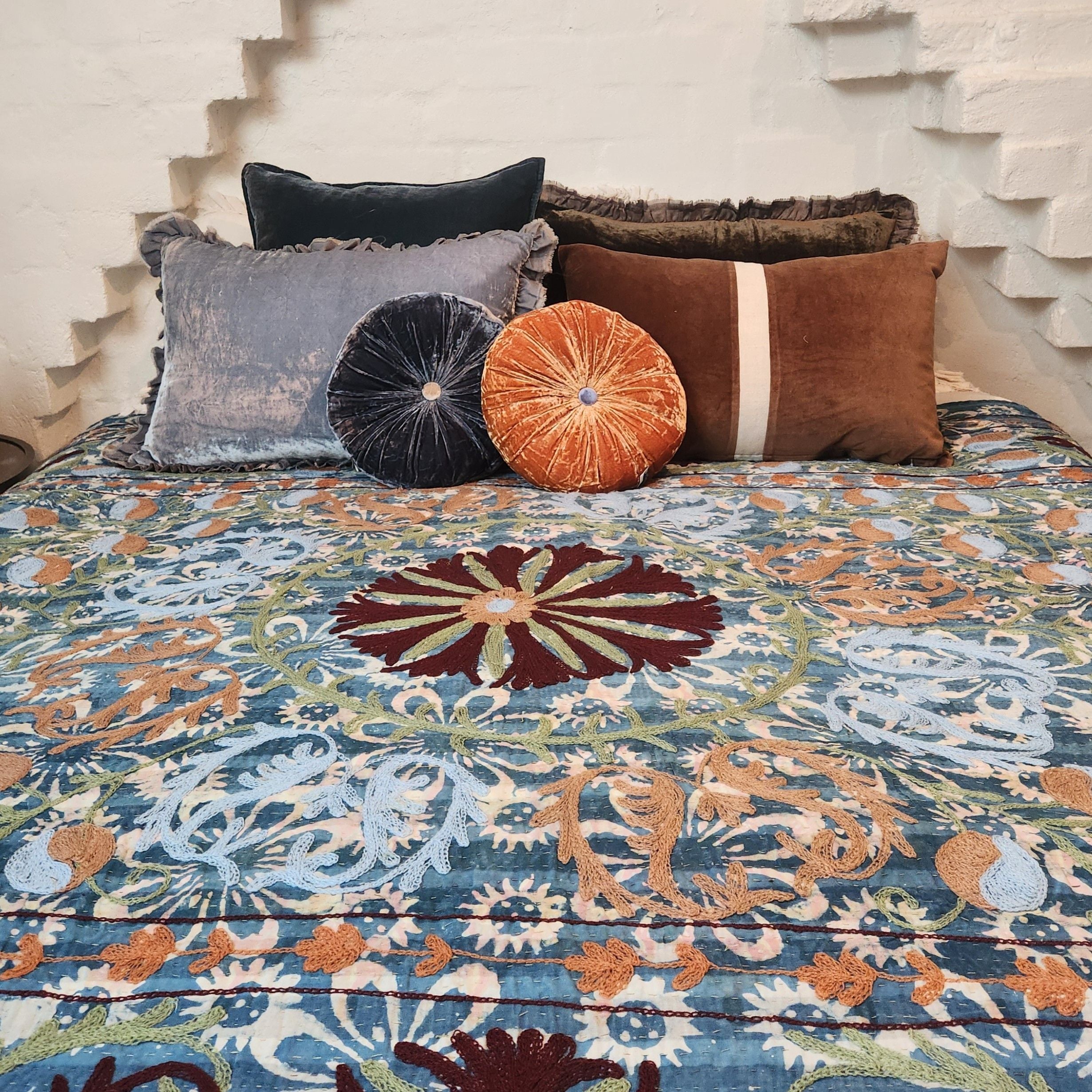 Vintage Suzani Kantha Throw - Blue, Burgundy, Green, Tan