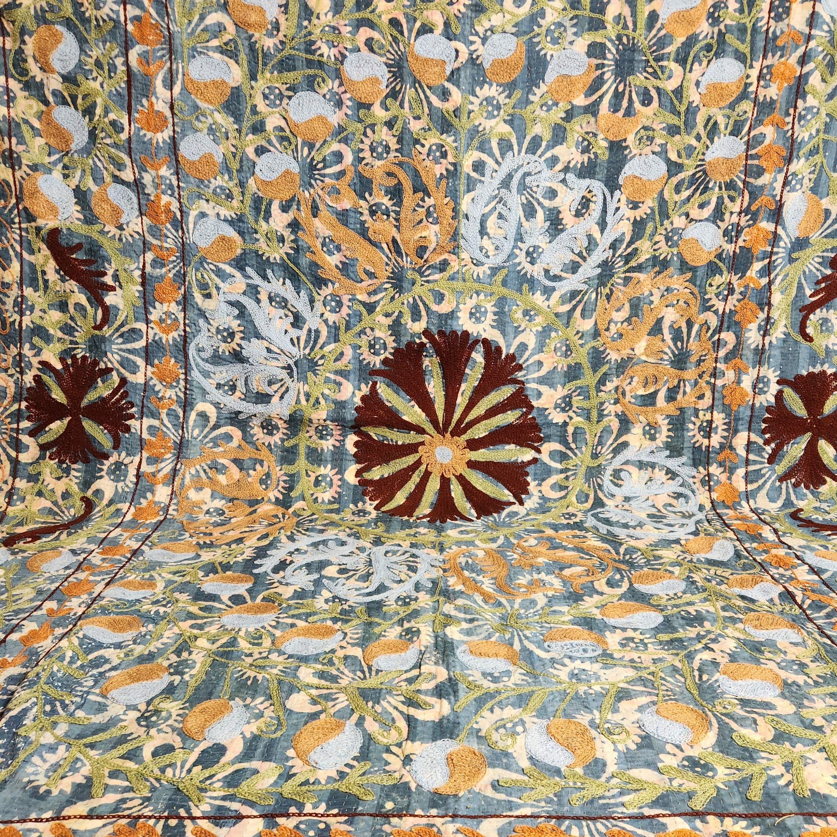 Vintage Suzani Kantha Throw - Blue, Burgundy, Green, Tan