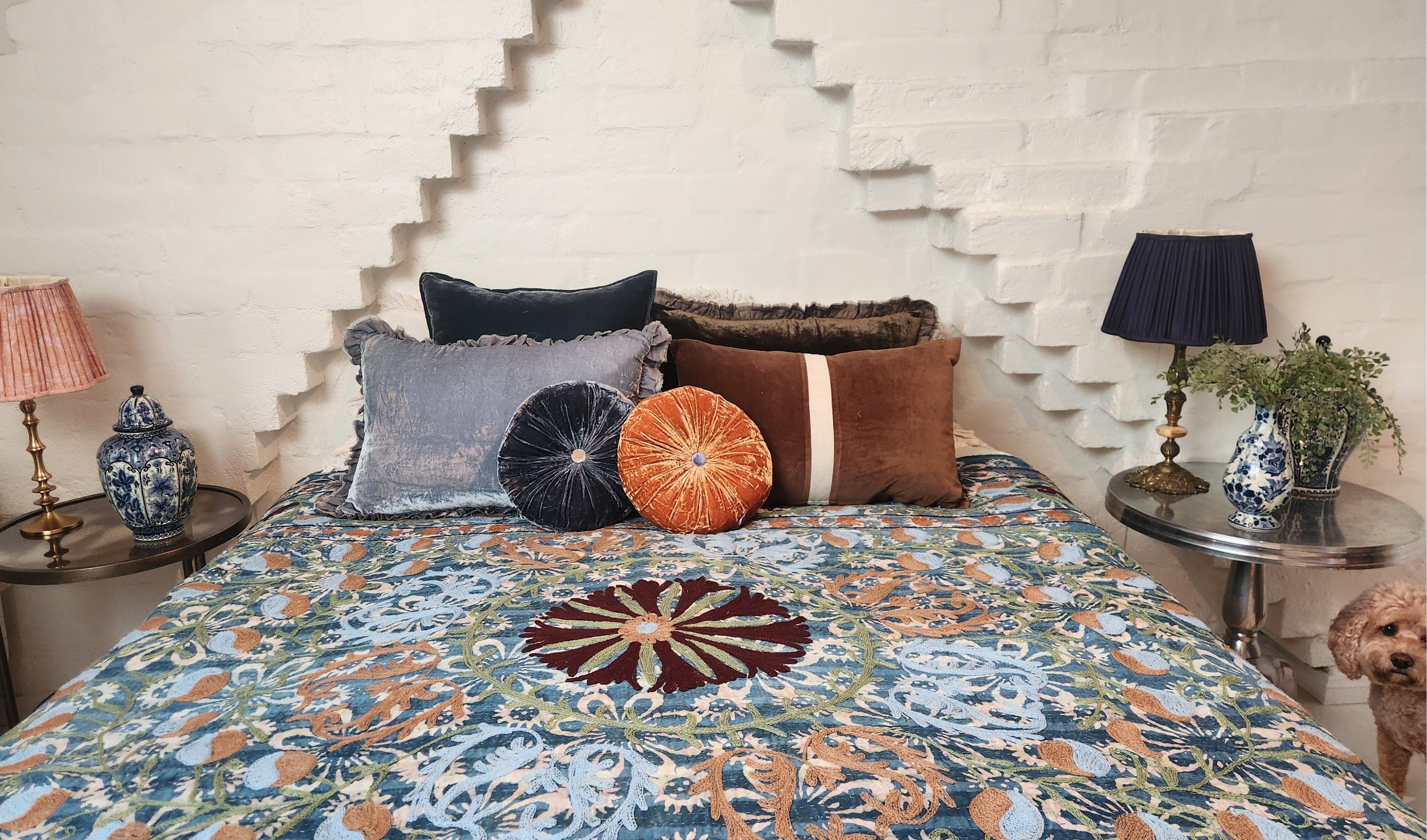 Vintage Suzani Kantha Throw - Blue, Burgundy, Green, Tan
