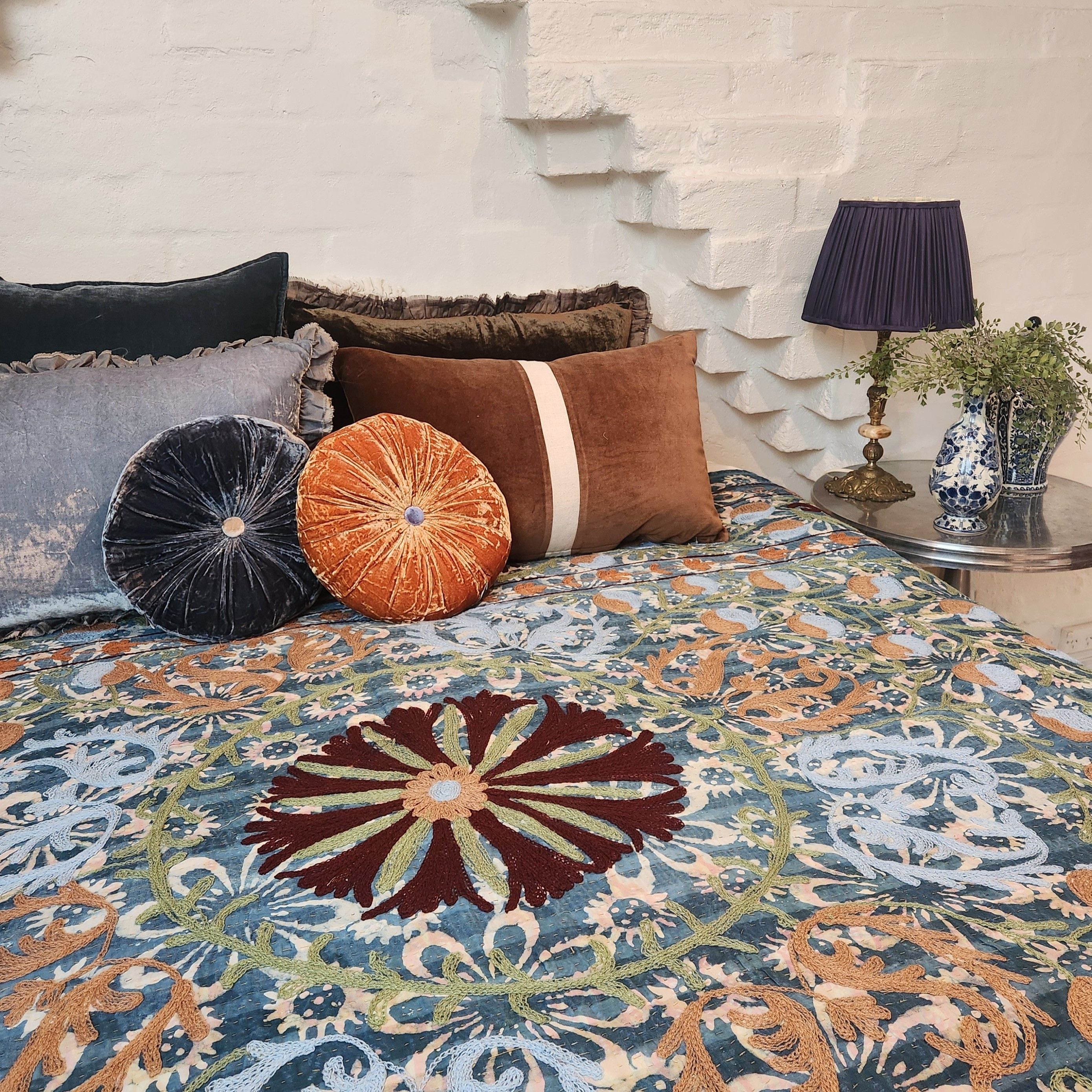 Vintage Suzani Kantha Throw - Blue, Burgundy, Green, Tan