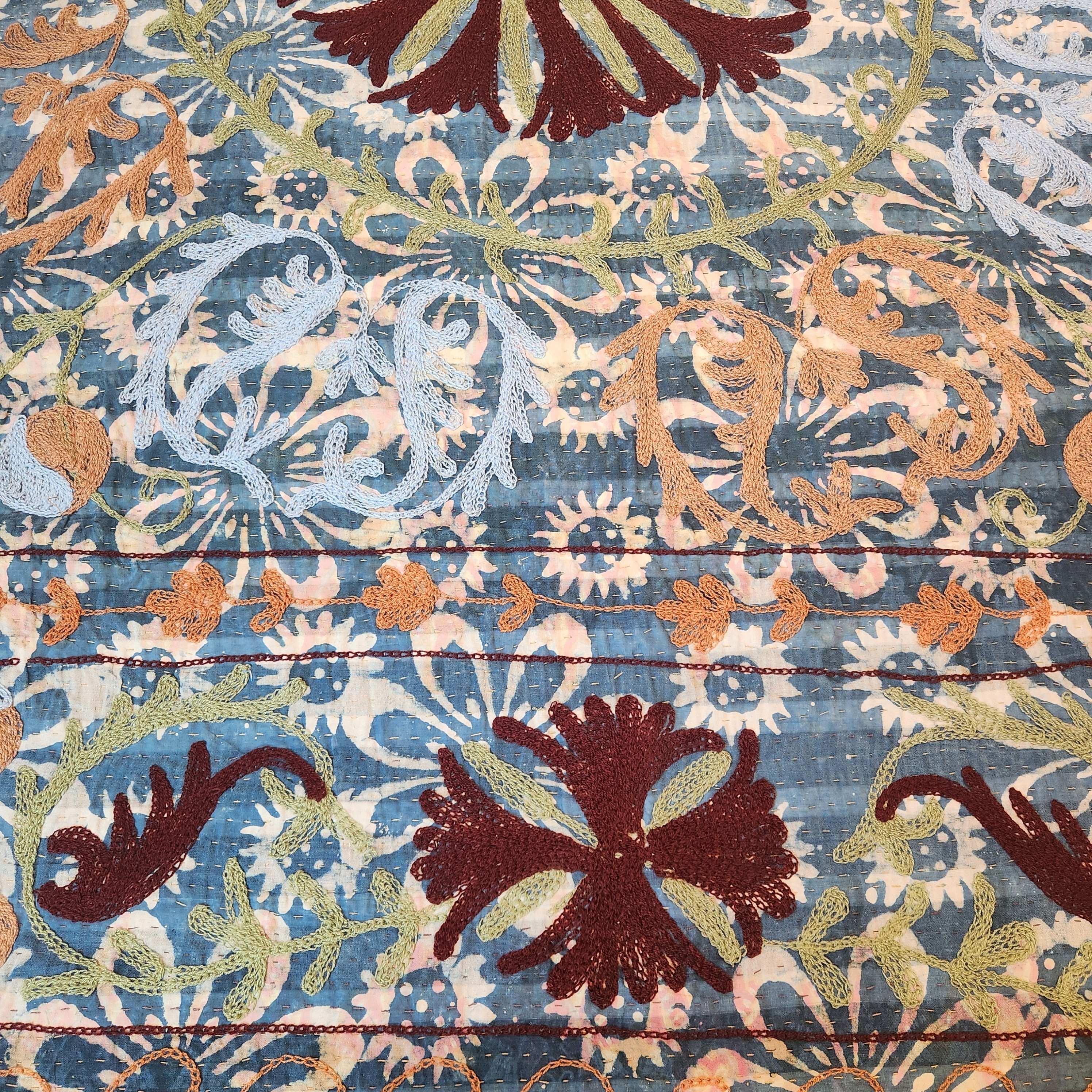 Vintage Suzani Kantha Throw - Blue, Burgundy, Green, Tan