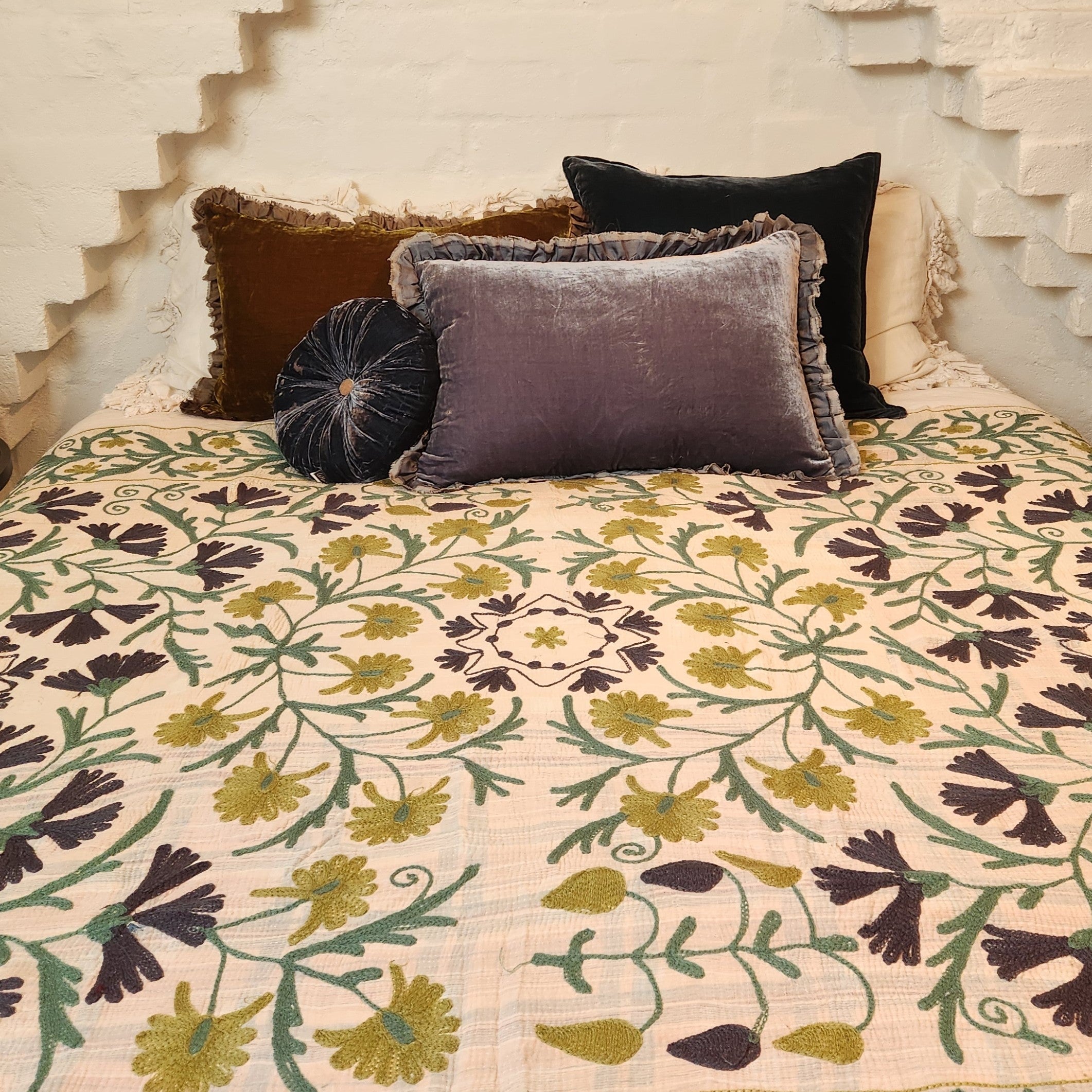 Vintage Suzani Kantha Throw - Navy, Olive, Teal