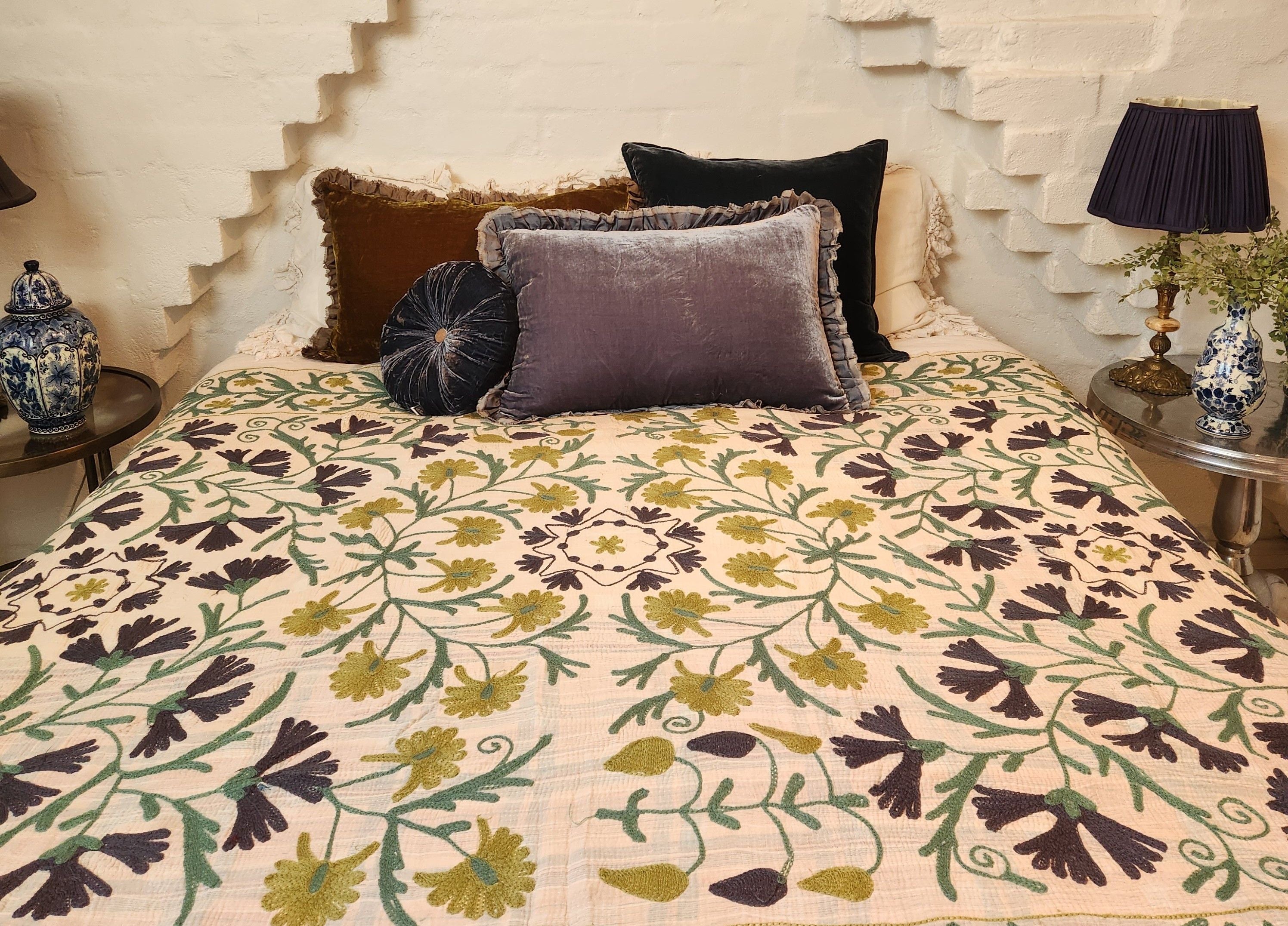 Vintage Suzani Kantha Throw - Navy, Olive, Teal