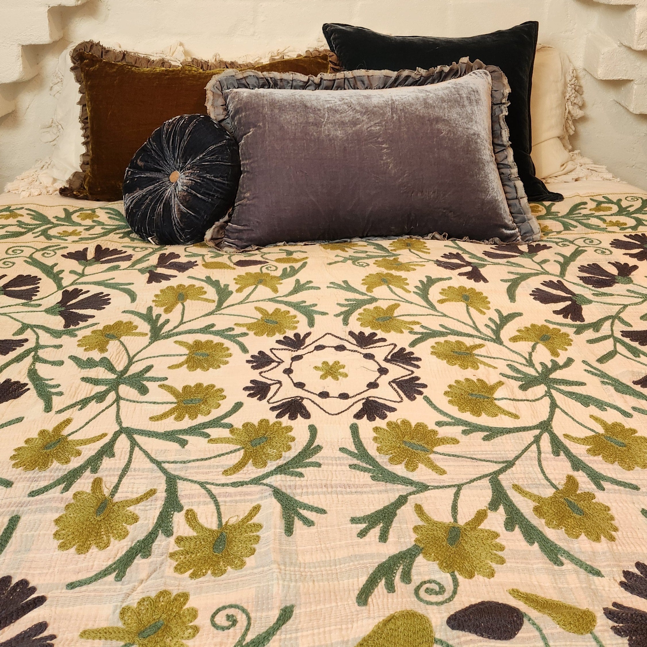 Vintage Suzani Kantha Throw - Navy, Olive, Teal
