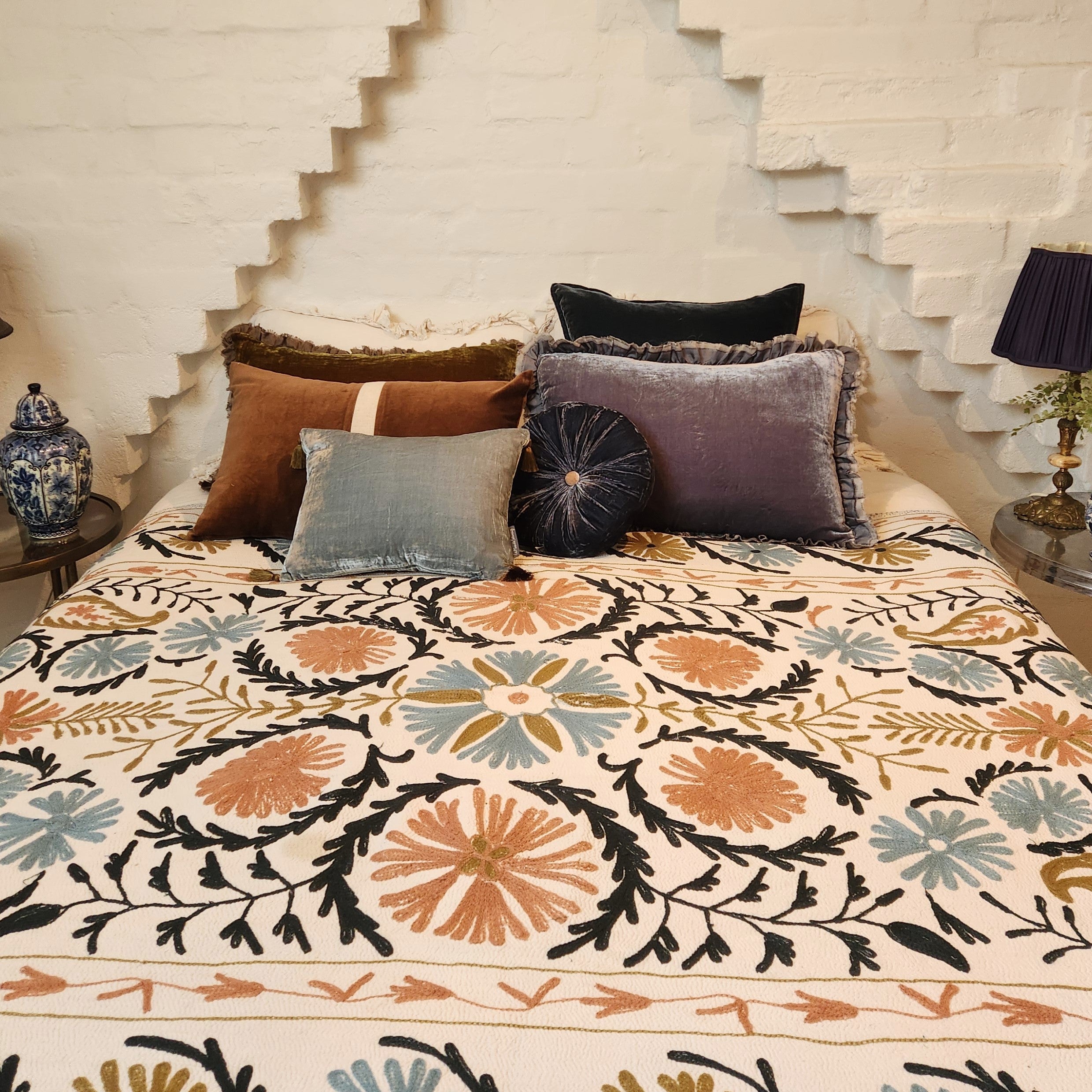 Vintage Suzani Kantha Throw - Olive, Black, Apricot , Blue