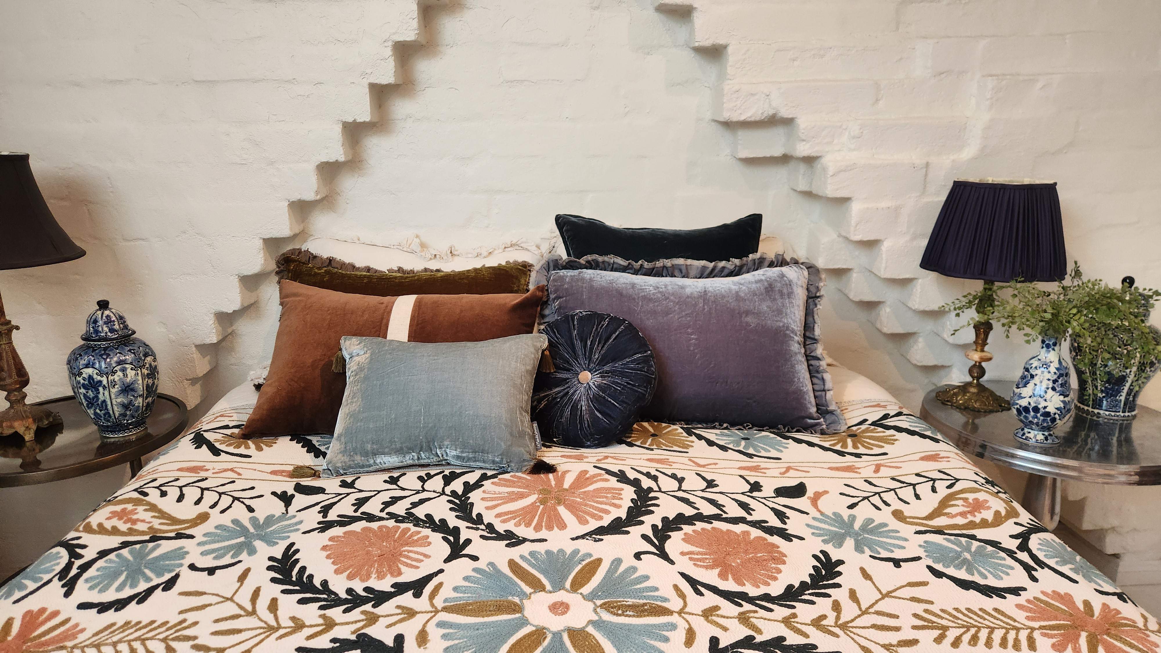 Vintage Suzani Kantha Throw - Olive, Black, Apricot , Blue
