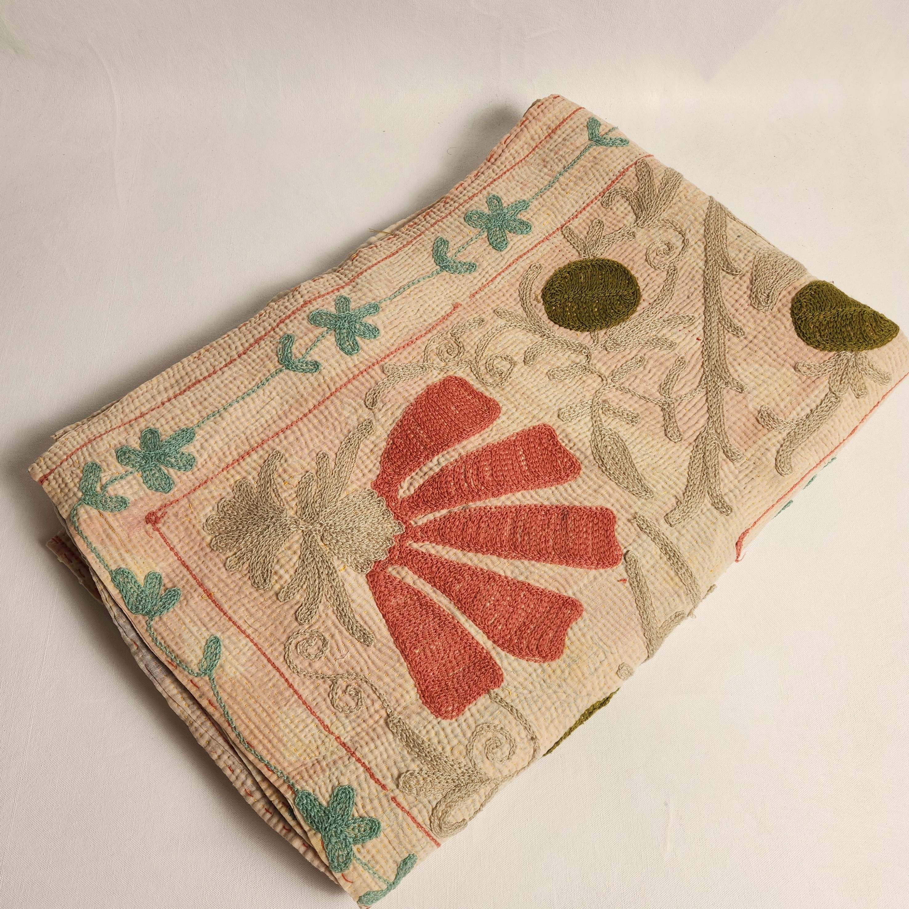 Vintage Suzani Kantha Throw - Peach, Green, Blue