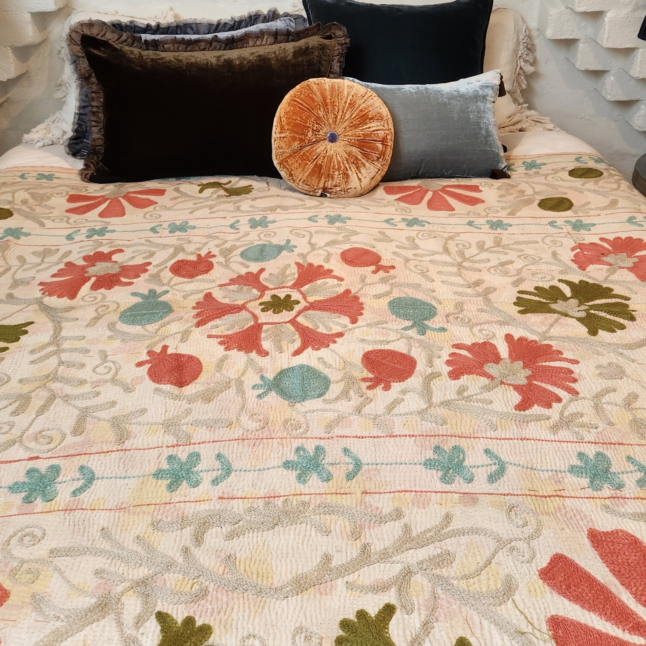 Vintage Suzani Kantha Throw - Peach, Green, Blue