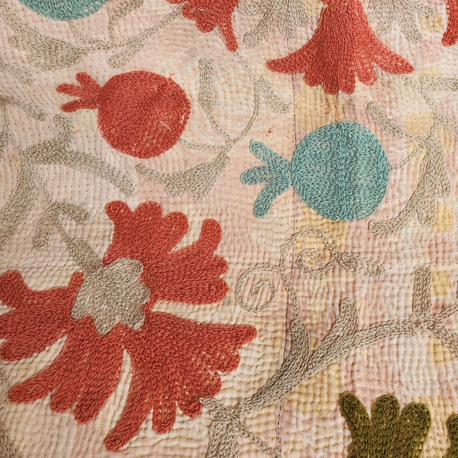 Vintage Suzani Kantha Throw - Peach, Green, Blue