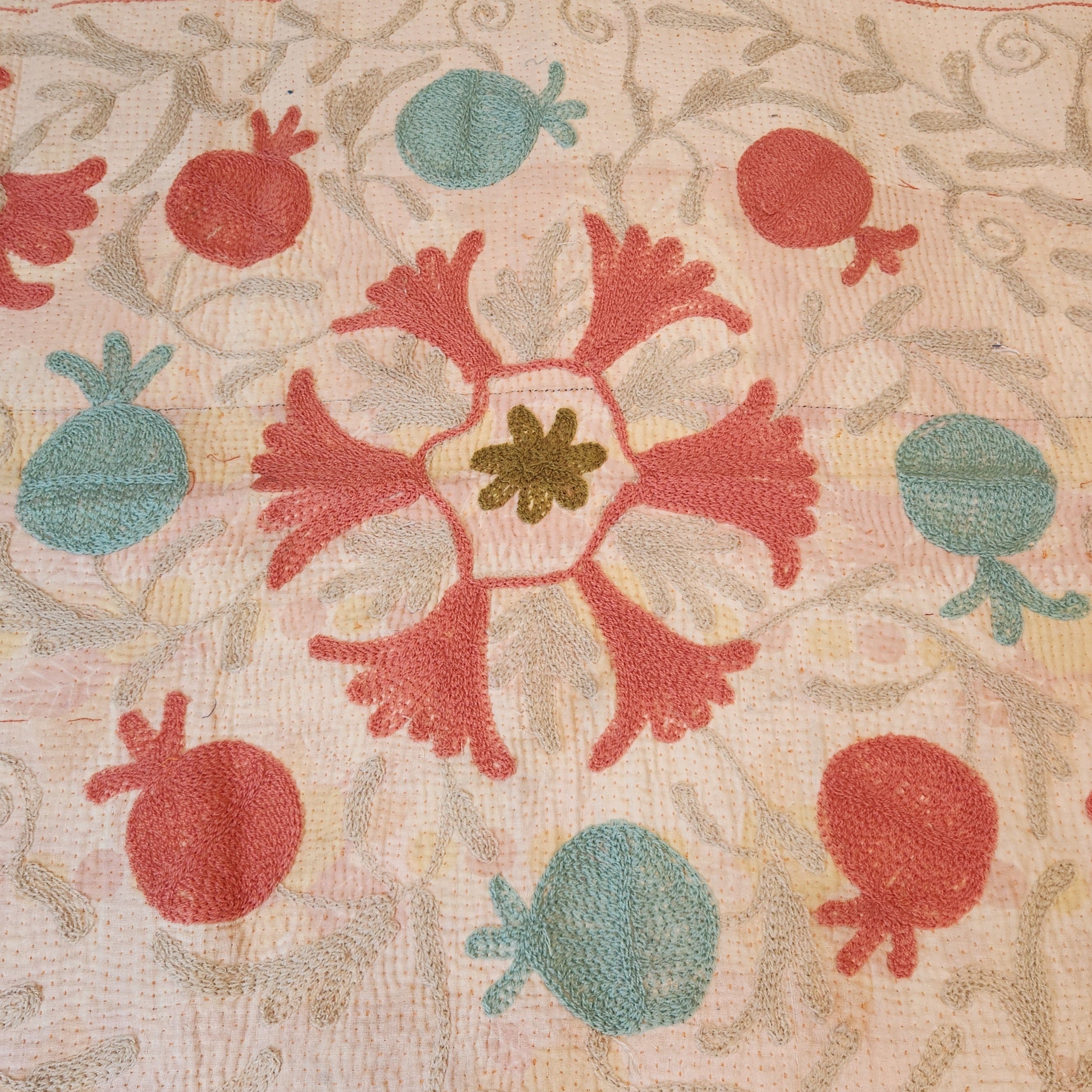 Vintage Suzani Kantha Throw - Peach, Green, Blue