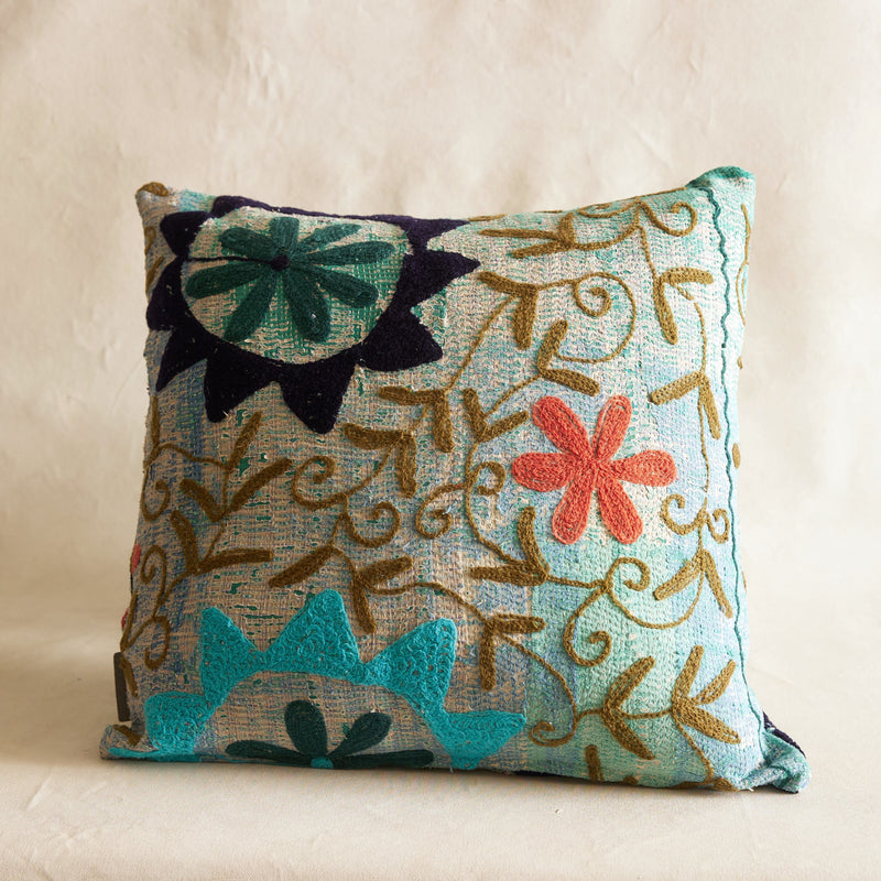 Suzani Cushion #3 - Turquoise with black/ green 50x50