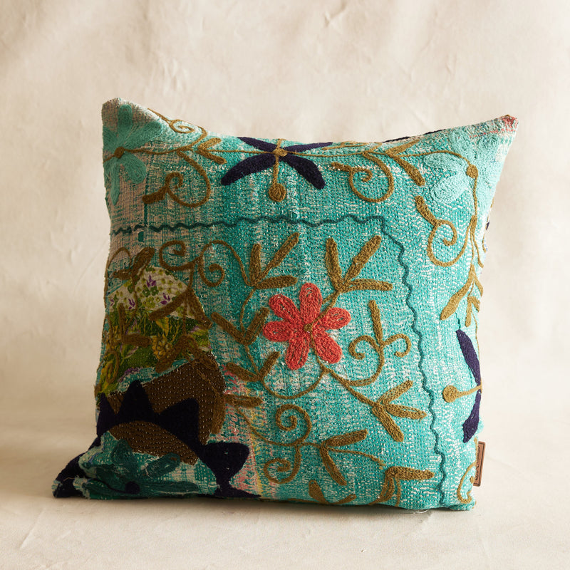 Suzani Cushion #3 - Turquoise with black/ green 50x50