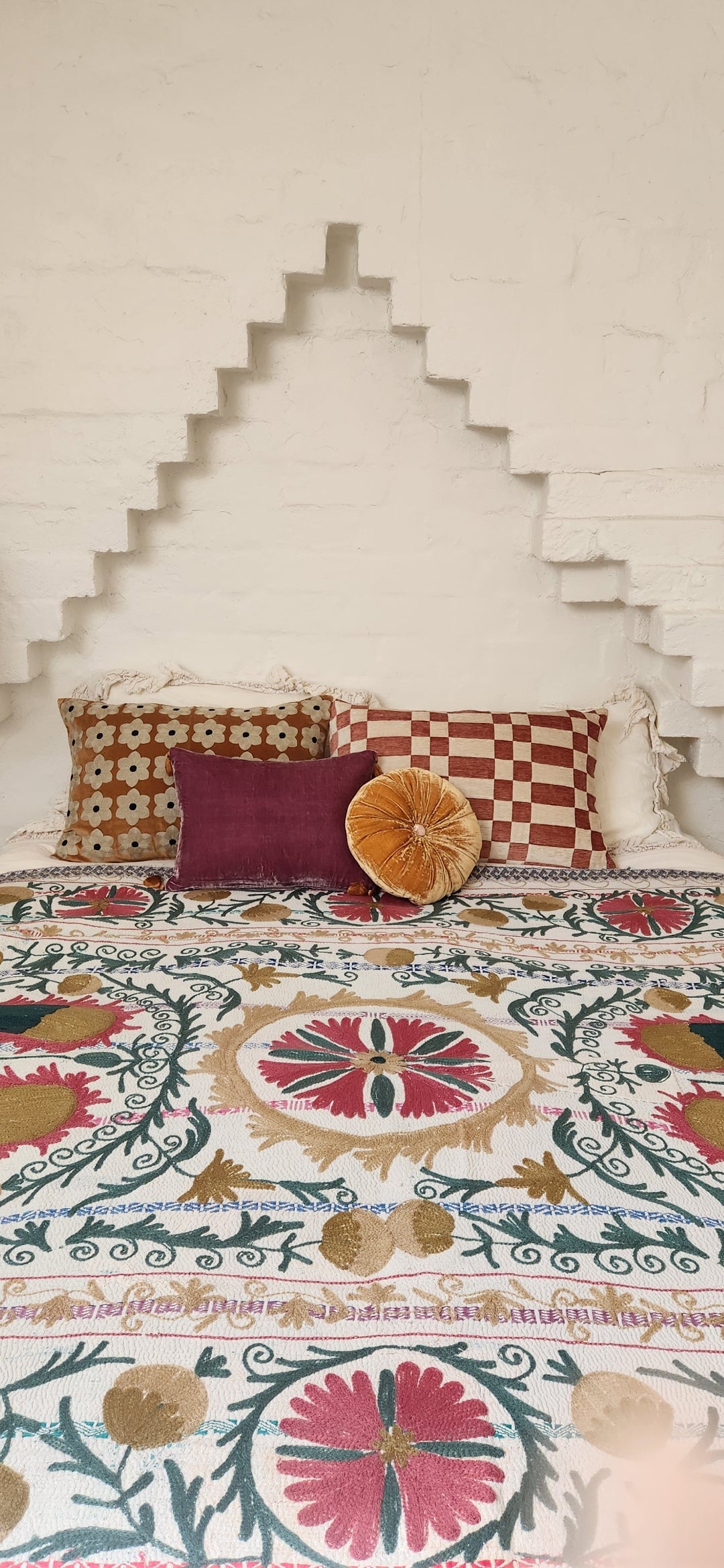 Vintage Suzani Kantha Throw - Pink, Dusty Teal, Ochre