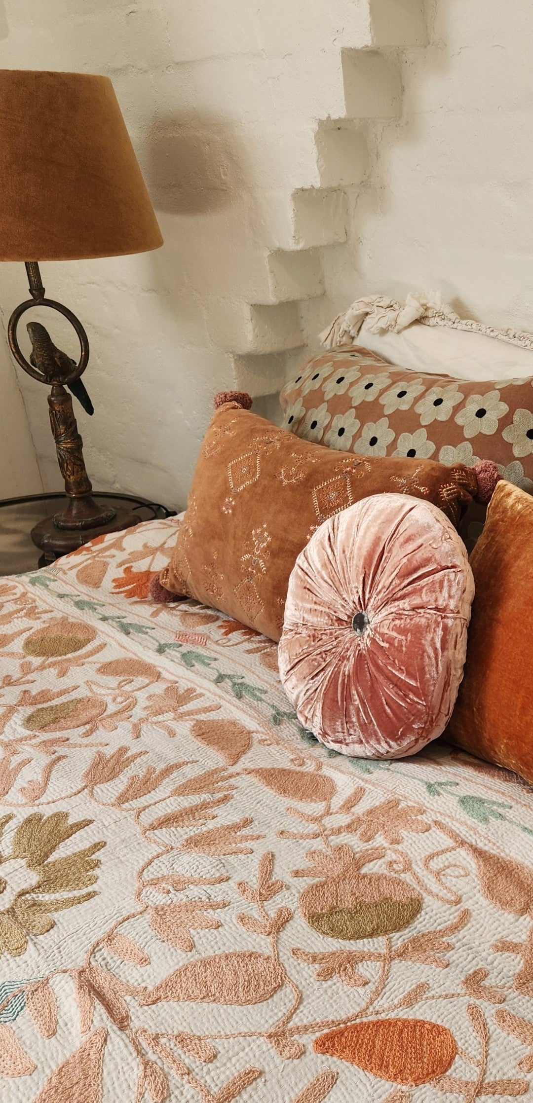 Vintage Suzani Kantha Throw - Peach, Mint, Green, Beige