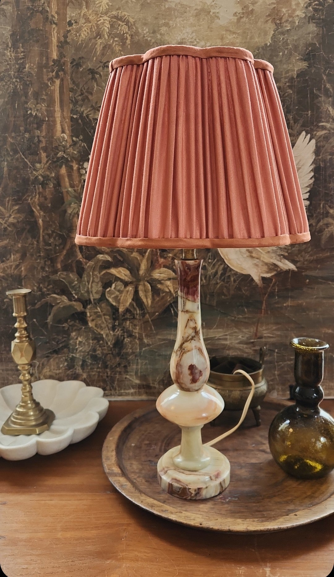 Alabaster Lamp and Pleated Bronze Silk Shade