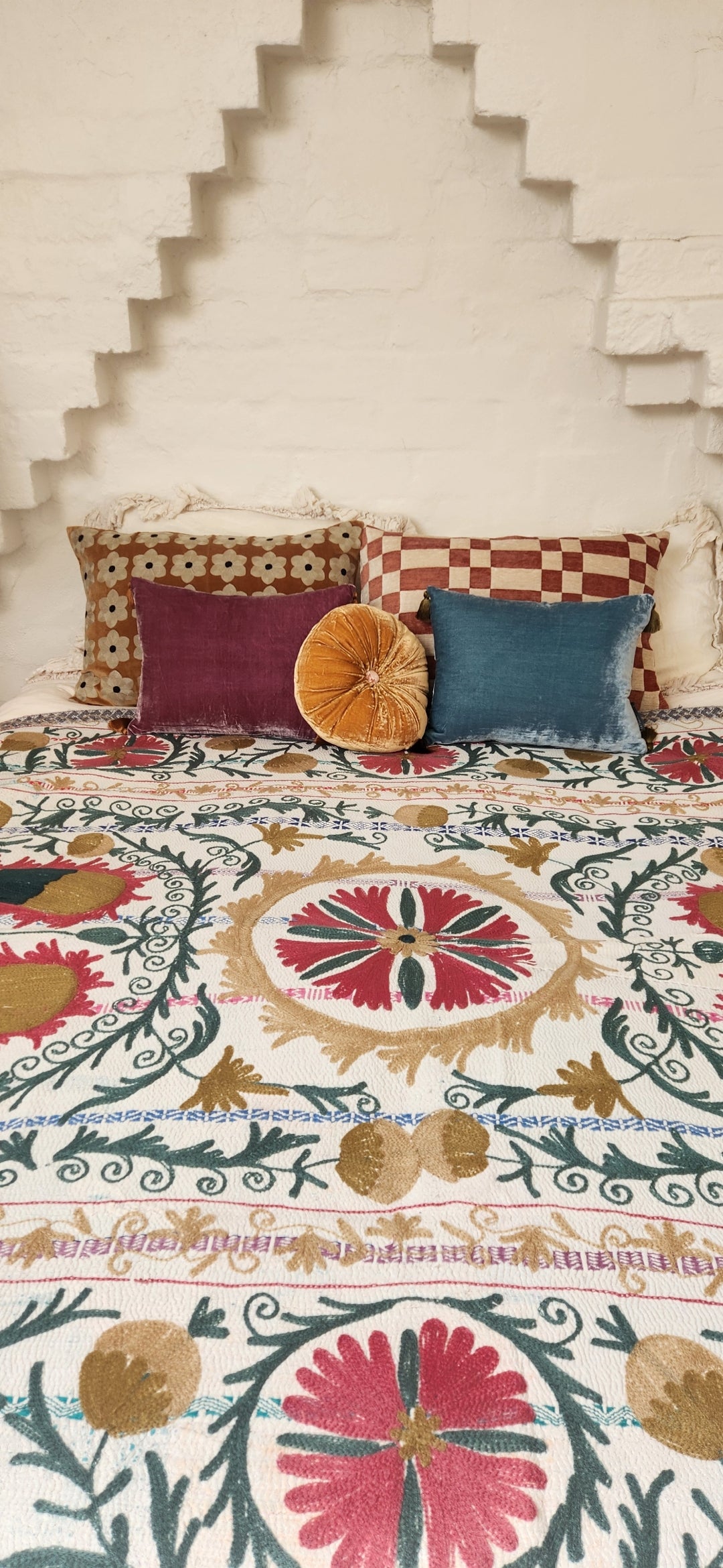 Vintage Suzani Kantha Throw - Pink, Dusty Teal, Ochre