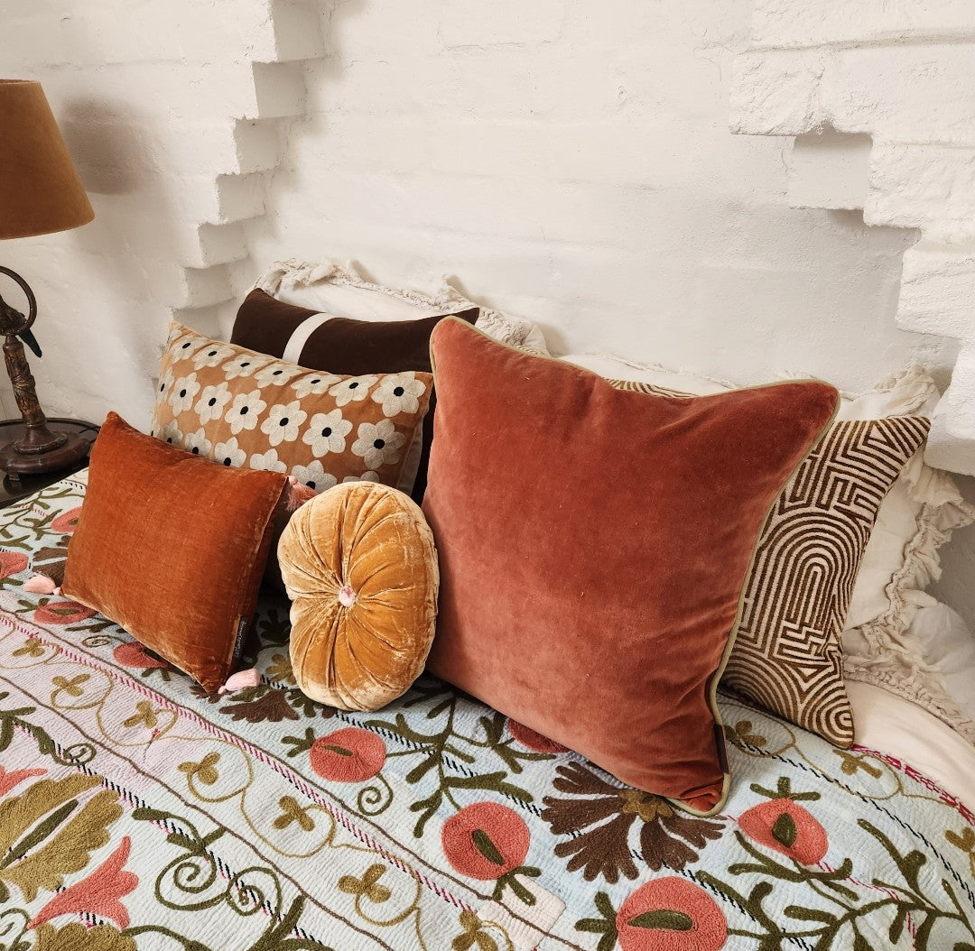 Vintage Suzani Kantha Throw - Apricot, Olive, Ochre, Ice Blue