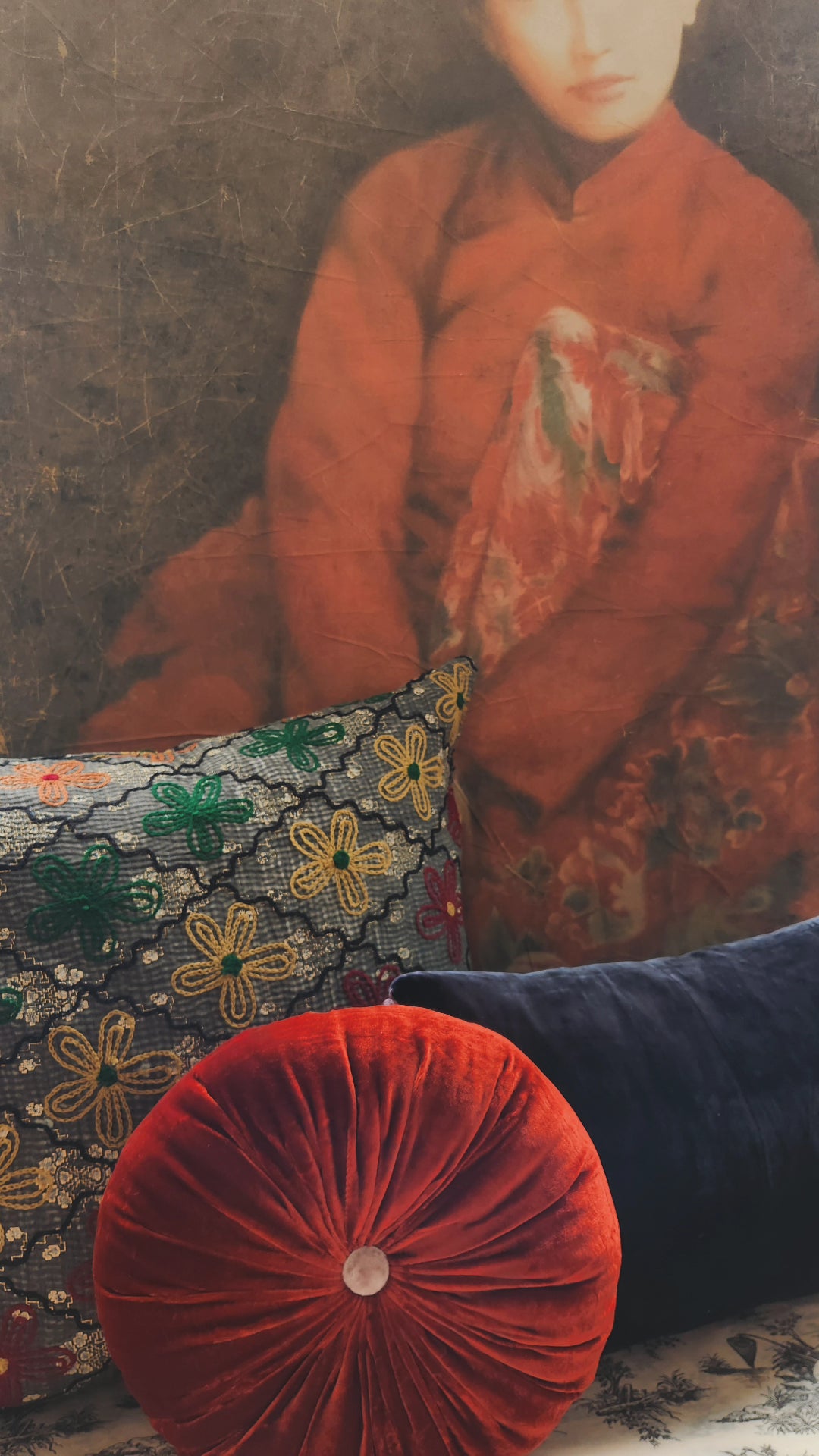 Suzani Cushion #38 - Grey, Green, Burgundy, Black 50x50