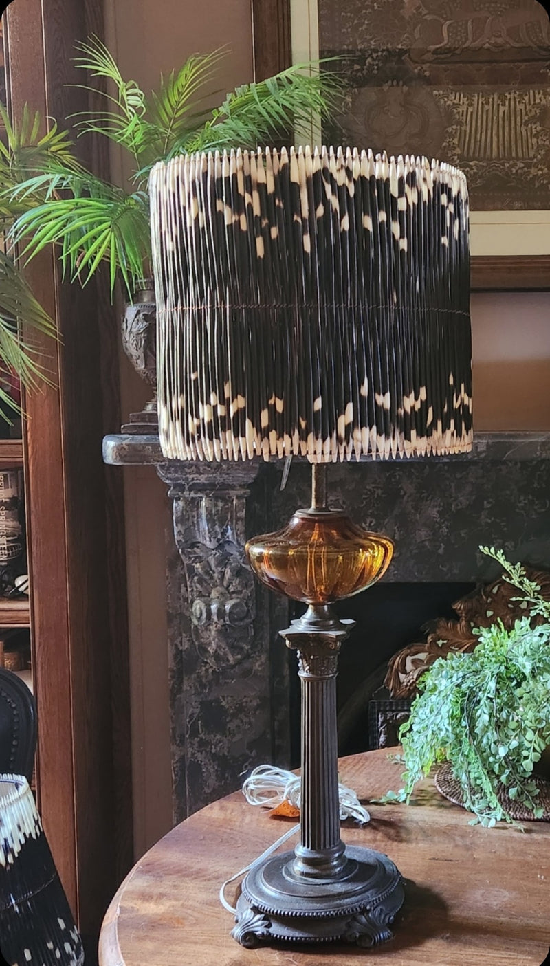Vintage Brass and Amber Glass Lamp with Porcupine Quill Shade