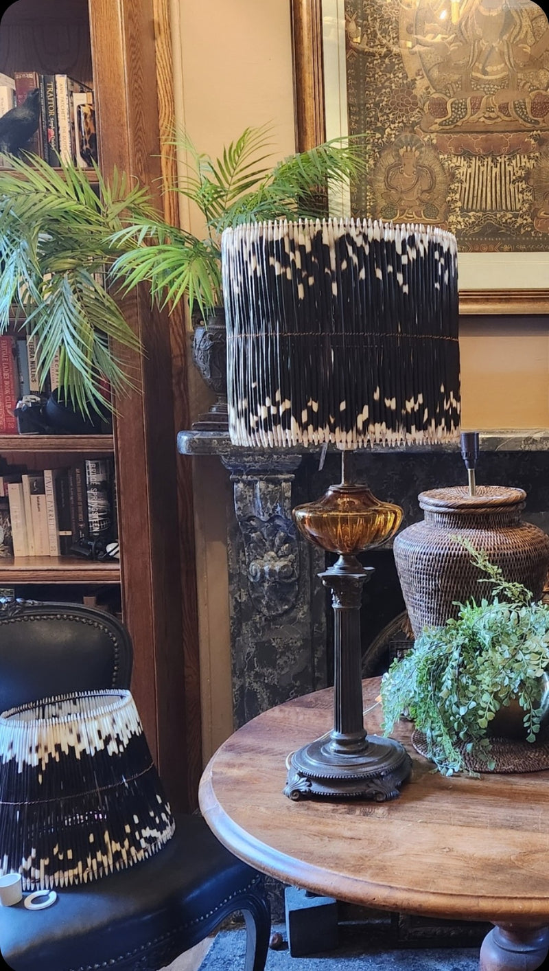 Vintage Brass and Amber Glass Lamp with Porcupine Quill Shade